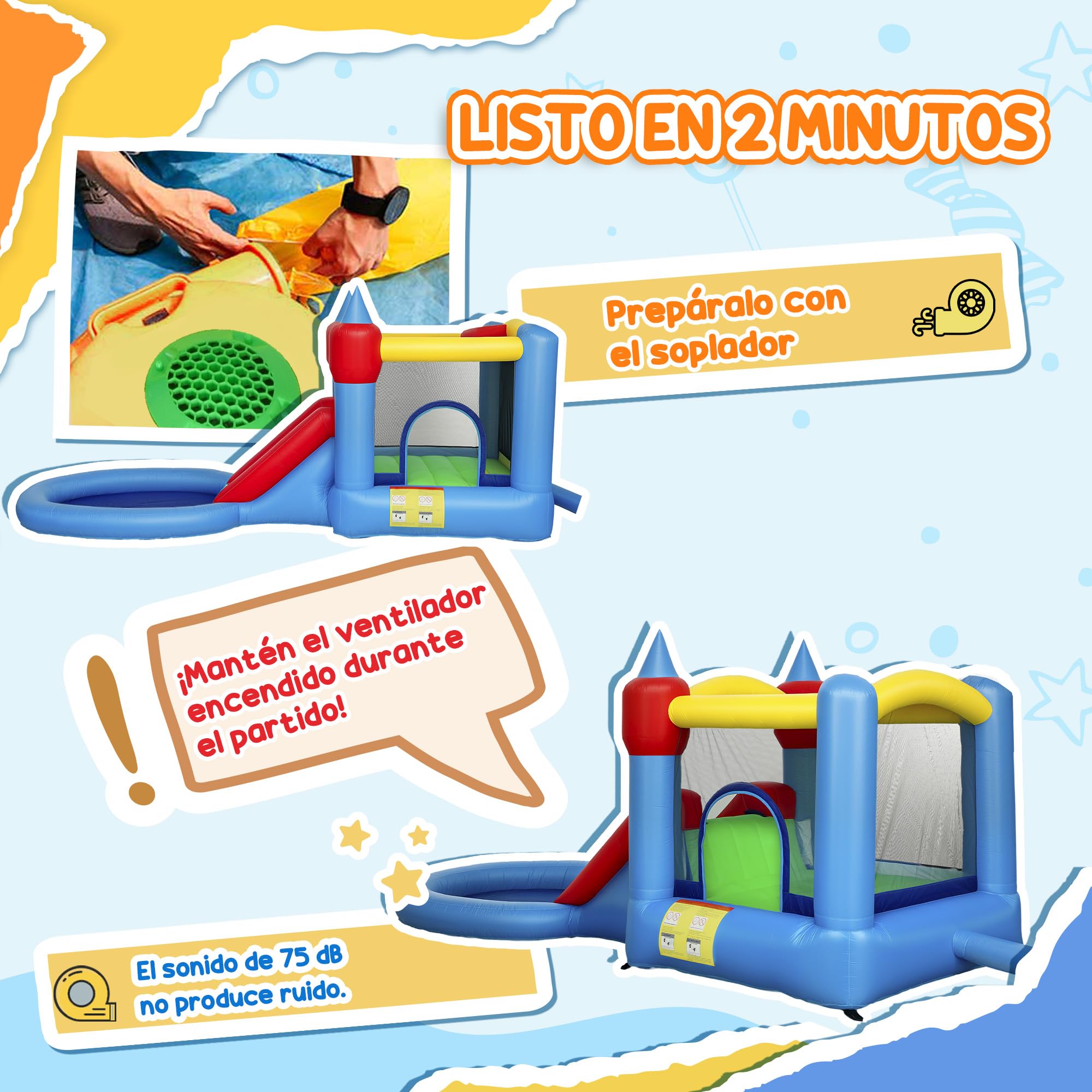 AIYAPLAY Castillo Hinchable con Soplador 4 en 1 Castillo Inflable para Niños con Tobogán Foso de Bolas Canasta y Bolsa de Transporte para Exterior Interior 415x205x190 cm