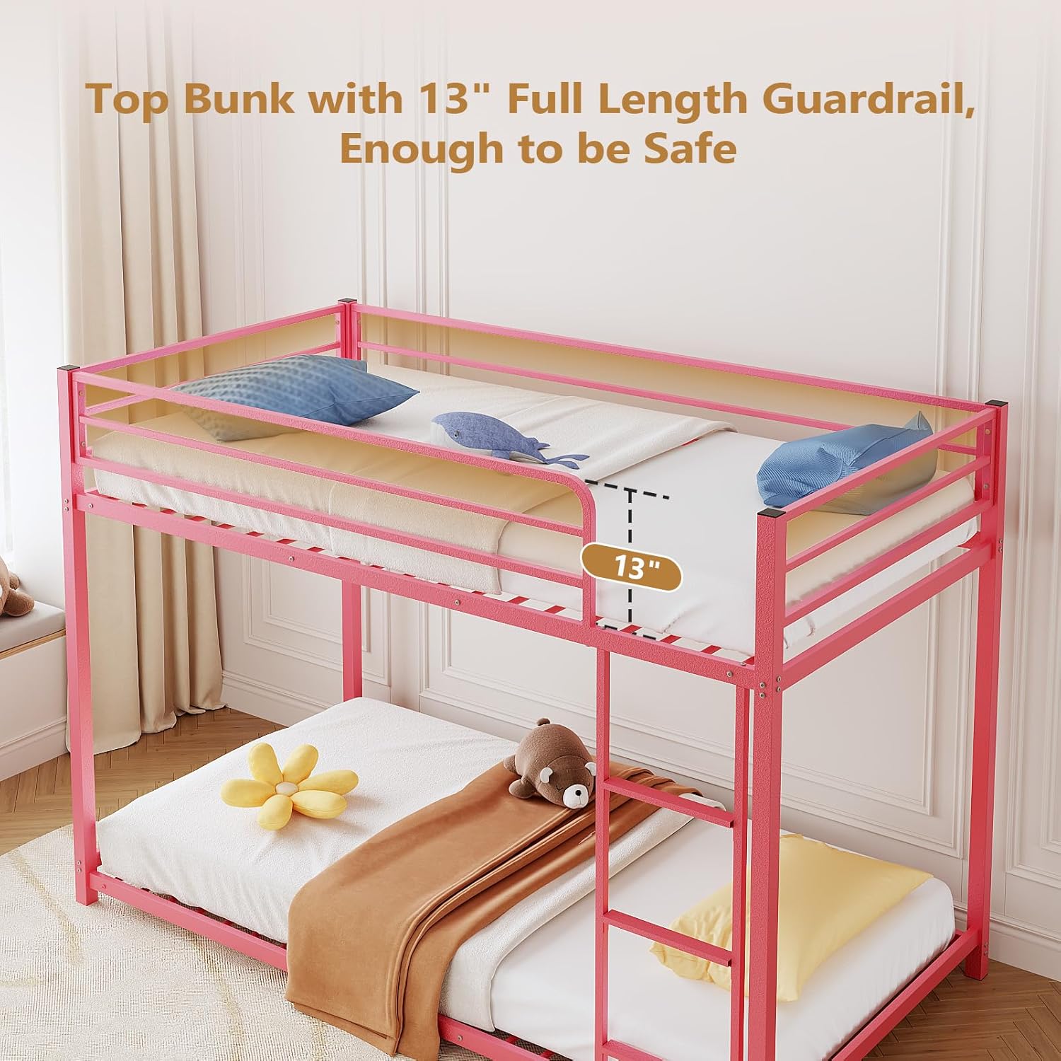 Bonnlo Twin Over Twin Metal Bunk Bed, Metal Twin Bed Frame with Safety Guardrail for Kids & Teens, Space-Saving, Easy Assembly, Mattress Not Included (Pink)