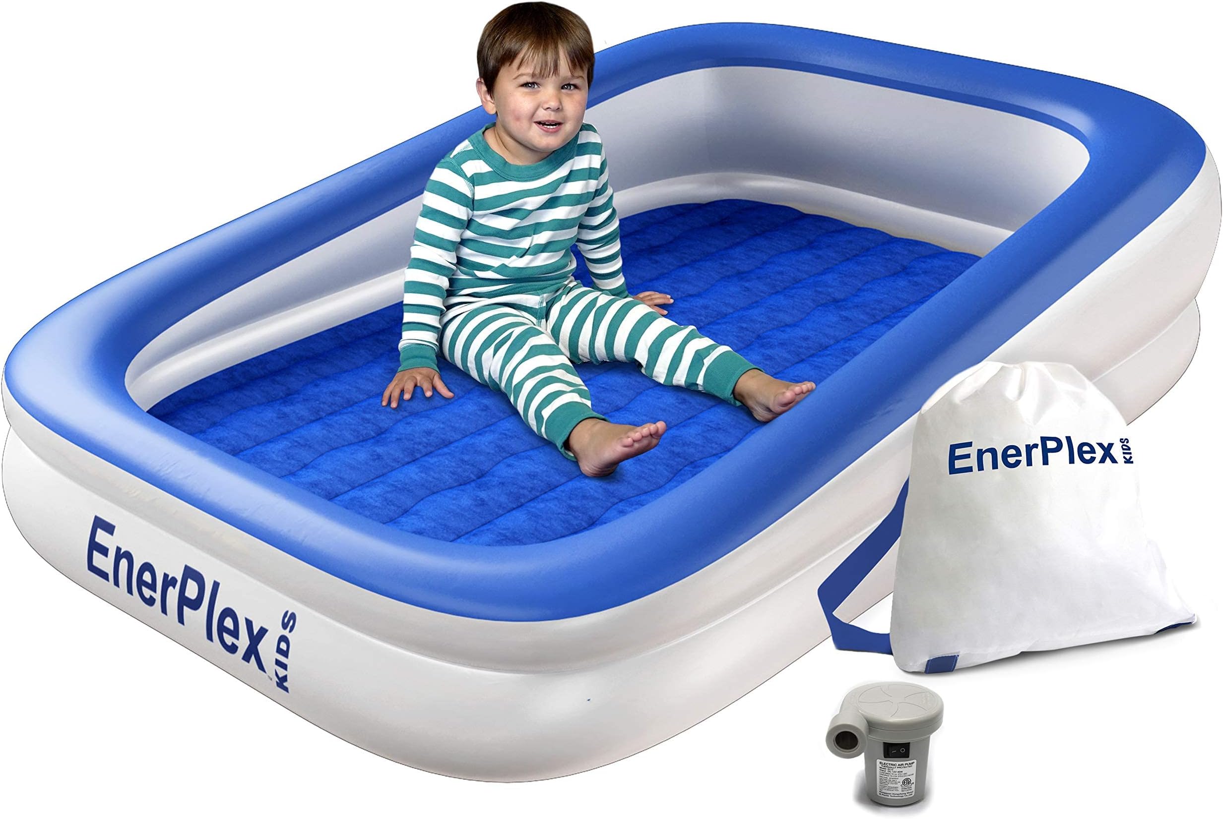 EnerPlex Kids Inflatable Travel Bed with High Speed Pump, Portable Blow up Toddler Air Mattress with Sides – Built-in Safety Bumper - Blue