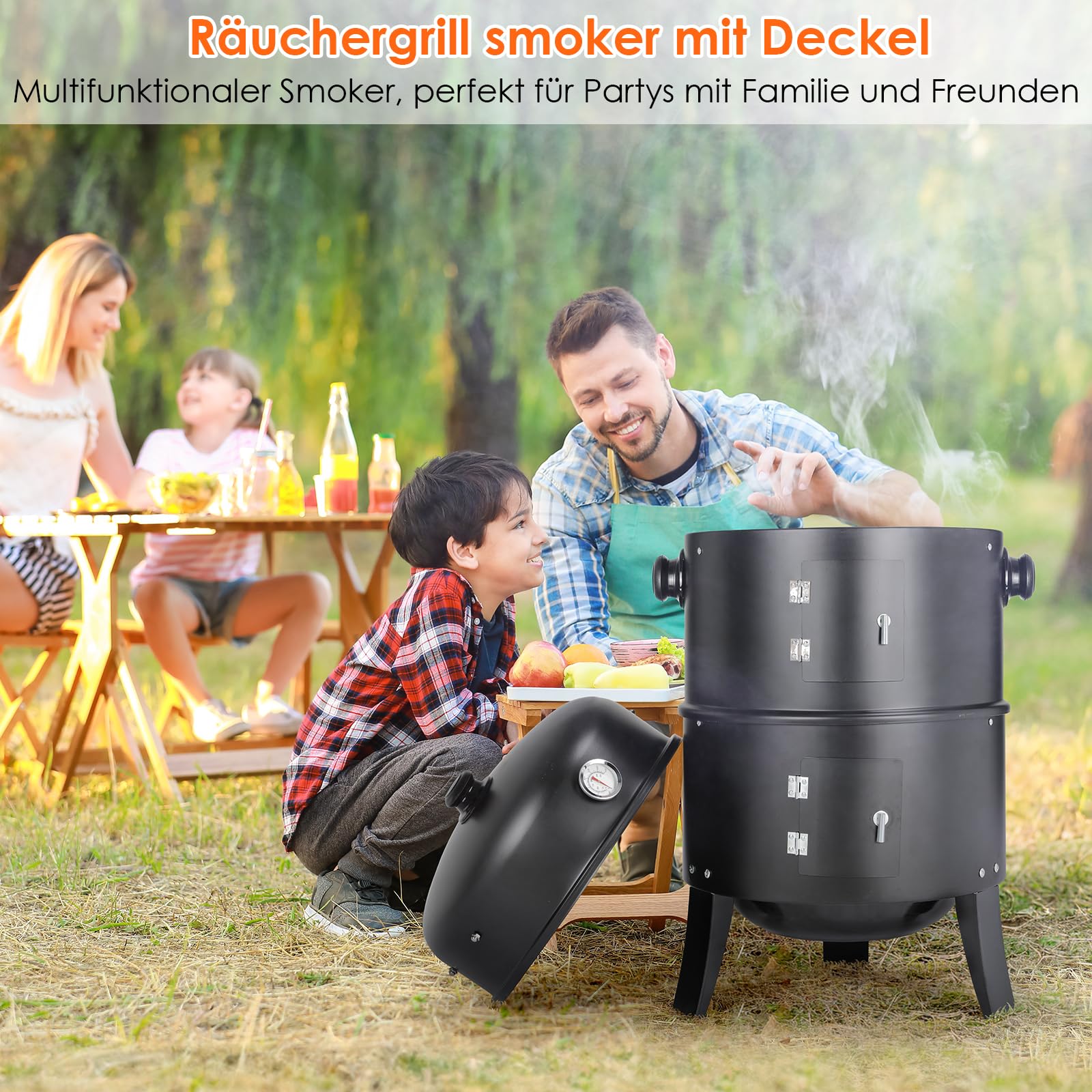 TLGREEN Räucherofen, 3 in 1 Smoker Grill Holzkohlegrill, Räuchertonne Räuchergrill Watersmoker, Räuchern Räucherofen mit Deckel & Thermometer, 2 Grillrost Edelstahl, 2 Wasserschale Emaille