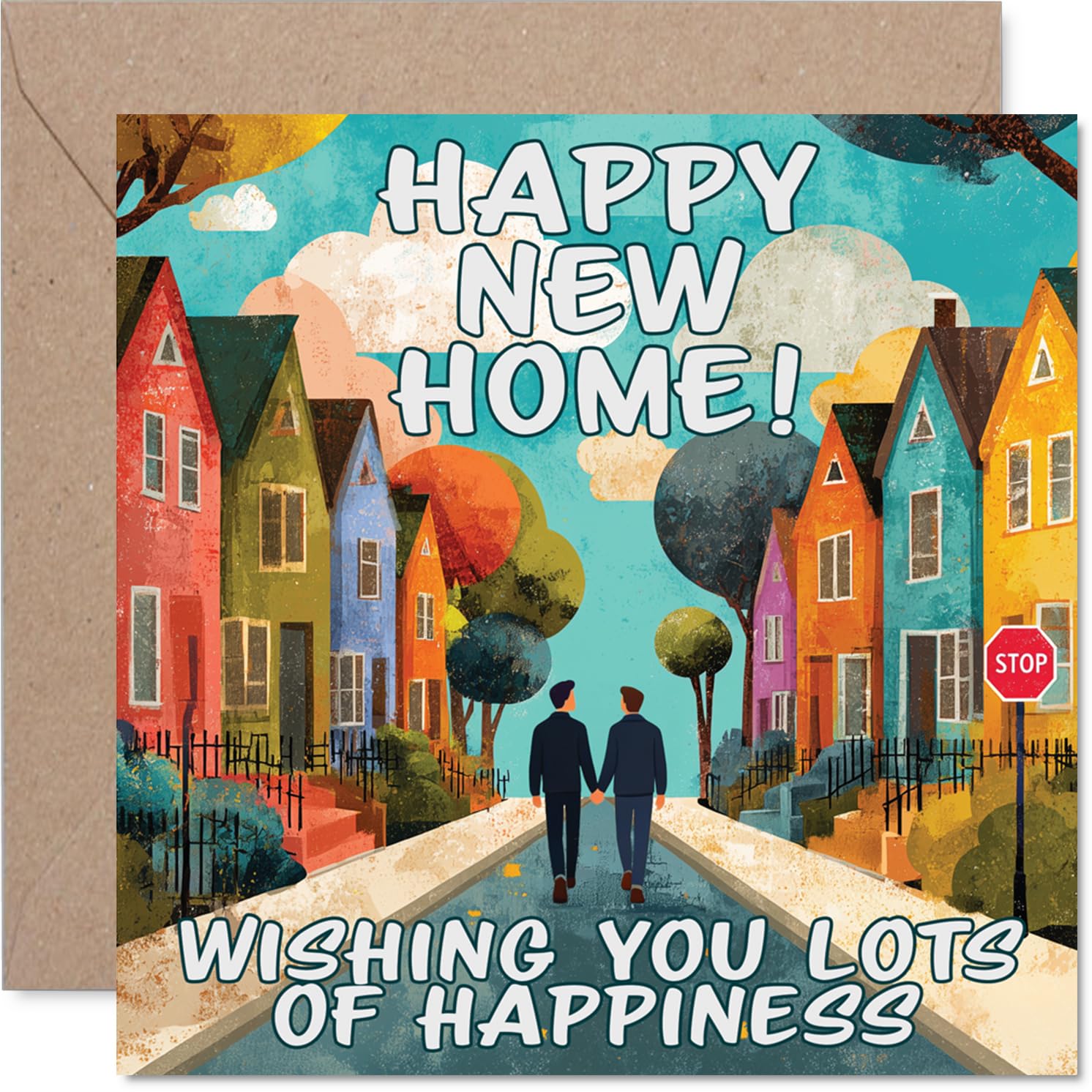 Heartfelt New Home Card - Bursting with Joy - Colourful Houses and Cheerful Couple Illustration - Perfect Way to Share Warm Wishes - 145mm Square, Envelope Included