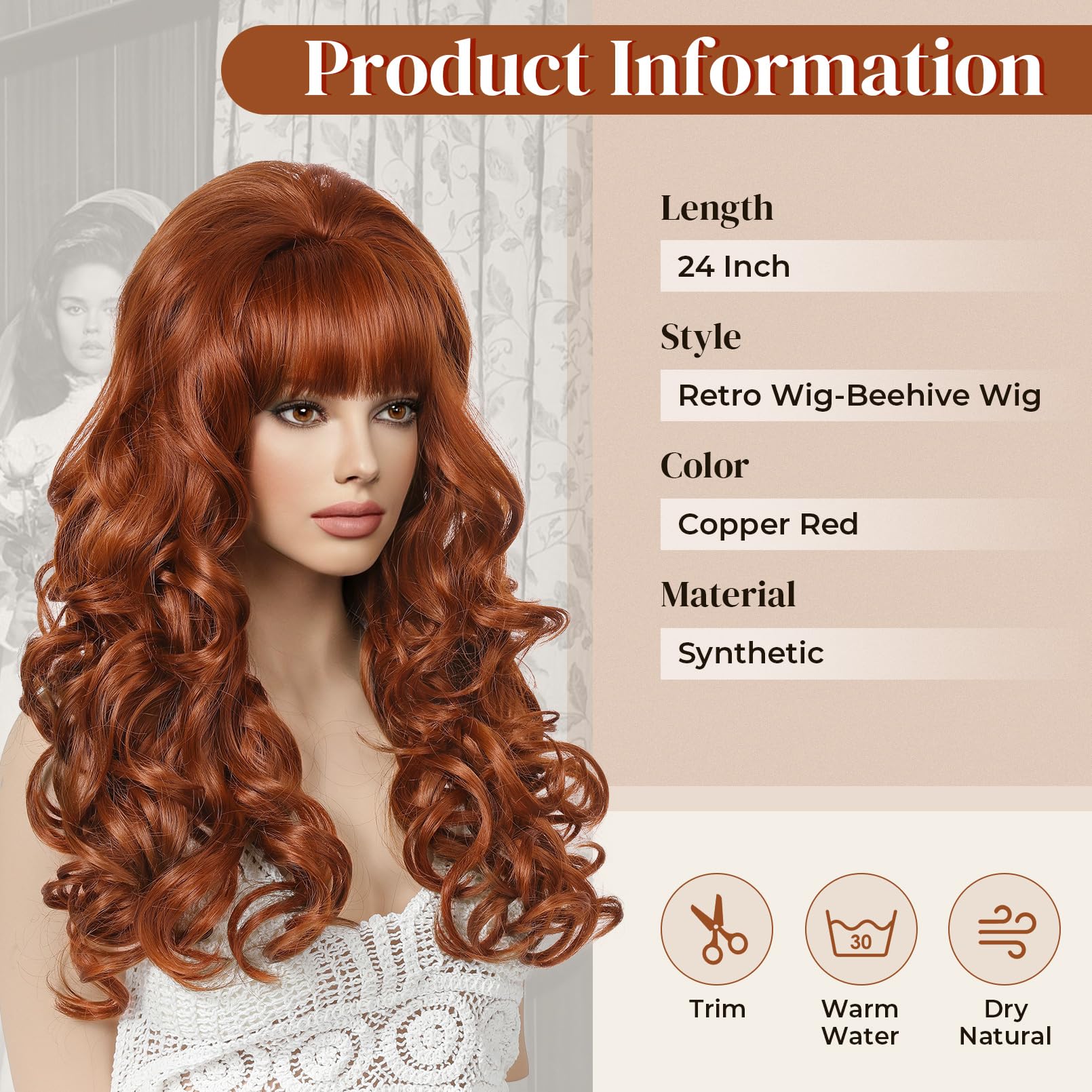 Red retro 60s beehive wig Bright Orange Long Wavy Beehive Retro Vintage 60s Costume  main image 4