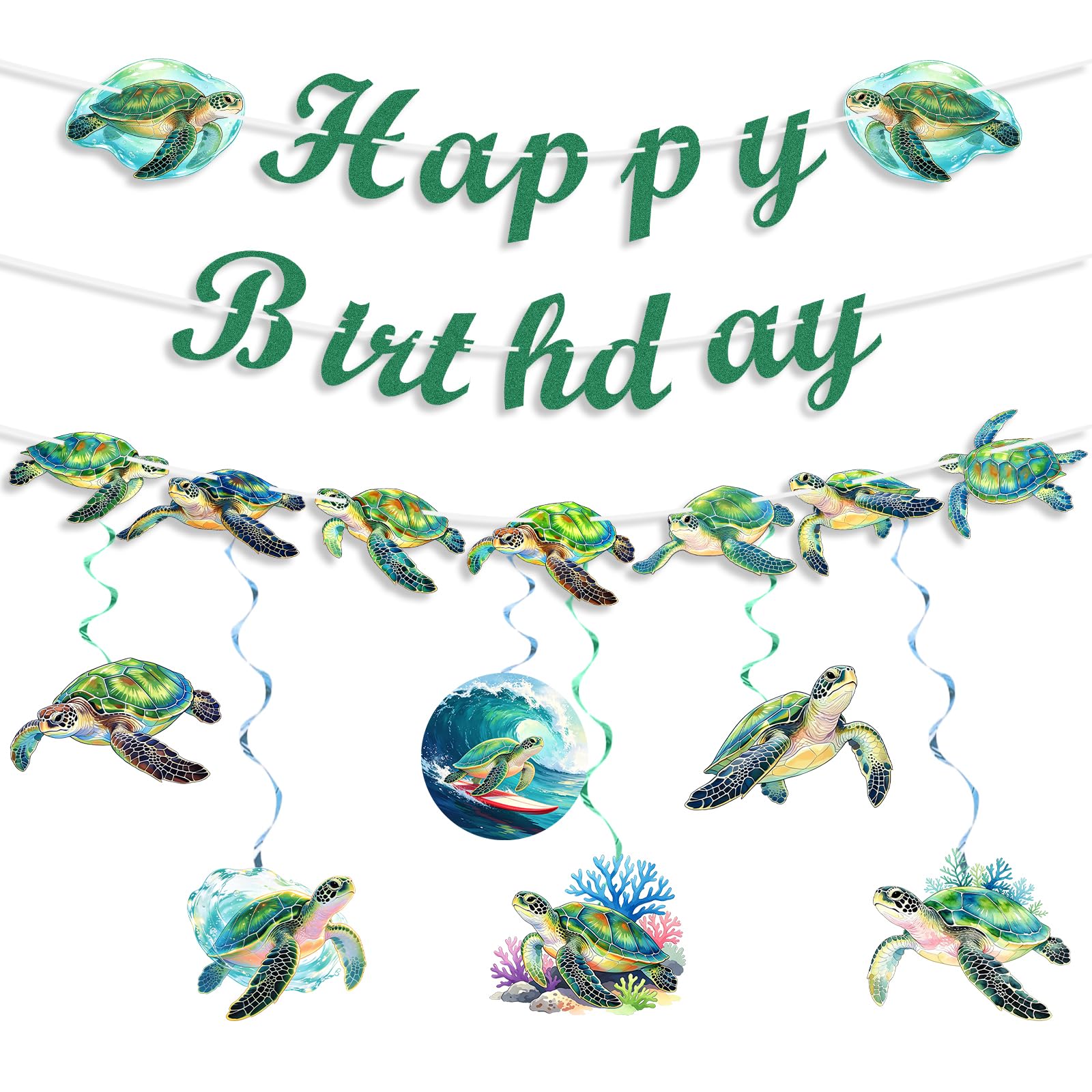2pcs Turtle Birthday Banner Decorations & 6pcs Hanging Swirls, Sea Turtle Birthday Decorations Ocean Themed Party, for Kids Boys Girls Partys