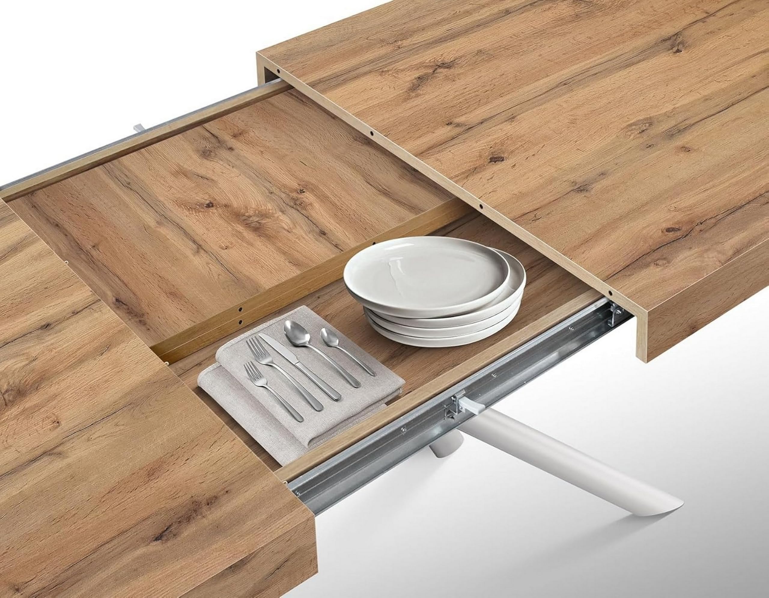 KONTE.DESIGN Mesa Carrara de Madera, Acabado Roble rústico y Base de Metal Pintado Blanco, Extensible 160x90 cm - 240x90 cm