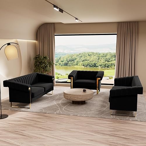 Miniatura 75 de Sofá de terciopelo verde de 83.46 pulgadas de ancho con patas metálicas doradas, sofá tapizado de brazo alto de 3 plazas para sala de estar,