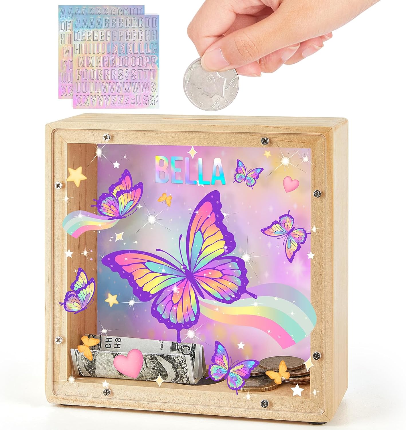 Piggy Bank for Kids, Wooden Money Coin Bank for Boys and Girls, Dinosaur Unicorn Piggy Banks with DIY Stickers for Birthday, Easter Gifts,Purple Blue