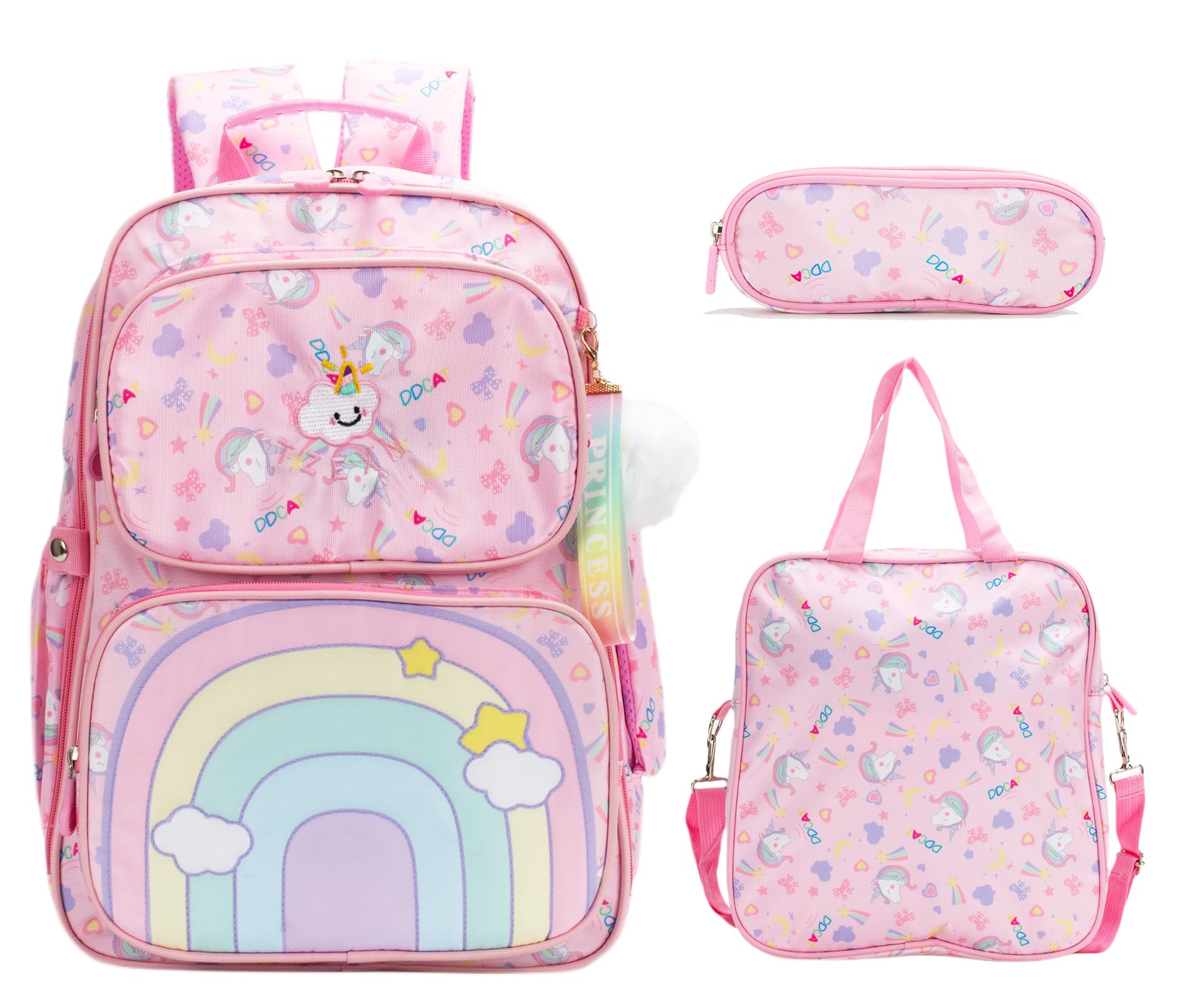 UamdrupPink Rainbow Unicorn Backpack For Girls,Kids GIrls Backapck With Lunch Box,16Inch Bookbag Schoolbag With Pencil Case Tote Bag