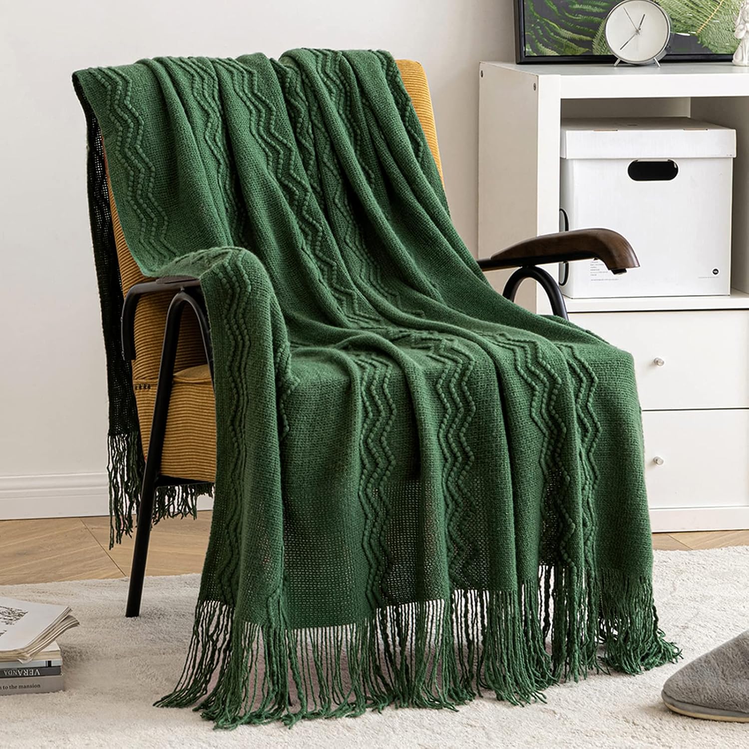 MIULEE Dark Green Knitted Throw Blanket for Couch Boho Textured Cozy Woven Blanket with Tassels for Sofa Chair Bed Living Room Acrylic Wave Pattern 50"x60" - Image 8