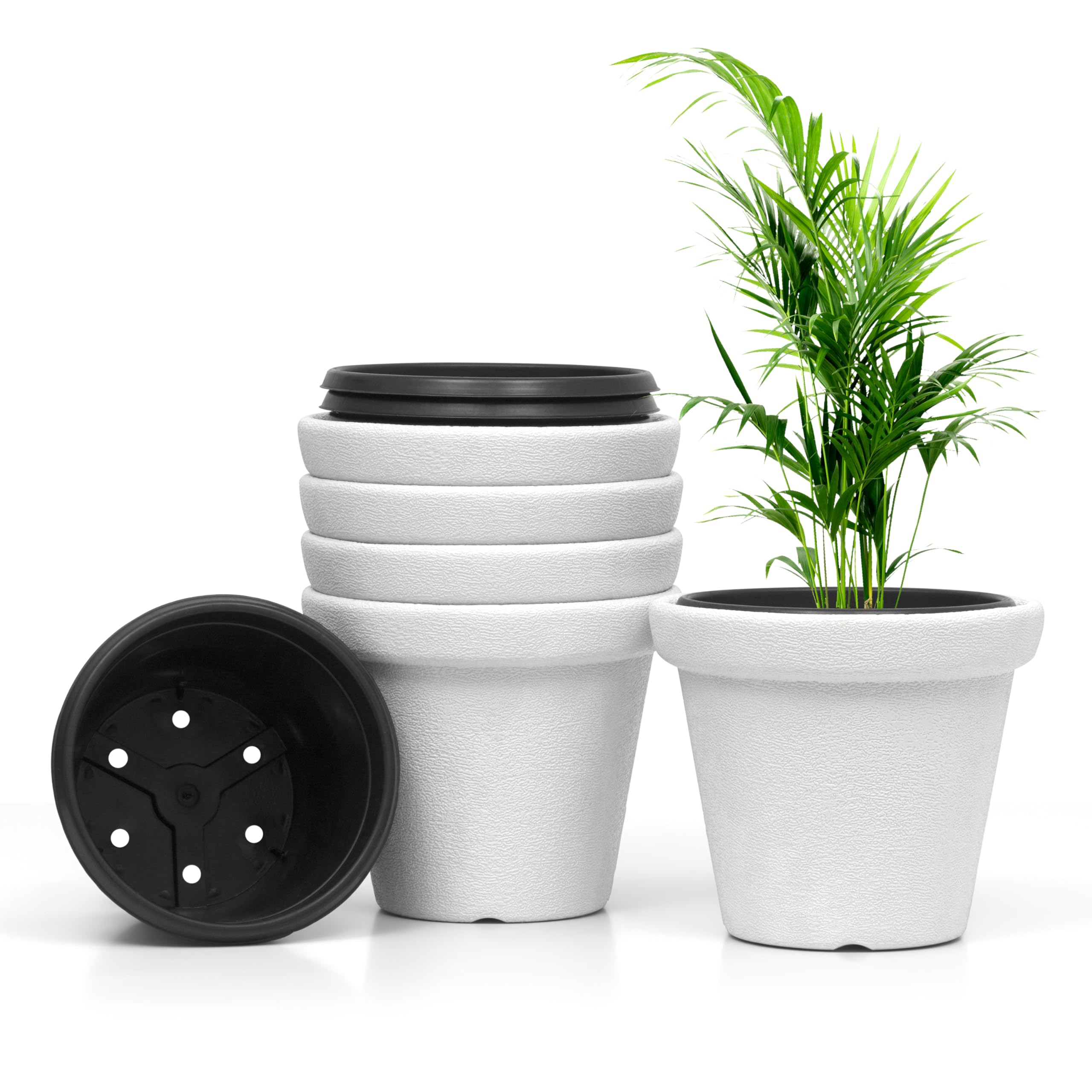 Livzing Plastic 11 Inch Flower Pots | Self Watering Plant Pot | Gamla Pot | Planters for Living Room, Indoor, Outdoor and Balcony Plants - Home Decor Crown Pot - Plant Container Set - Pack of 5 -White