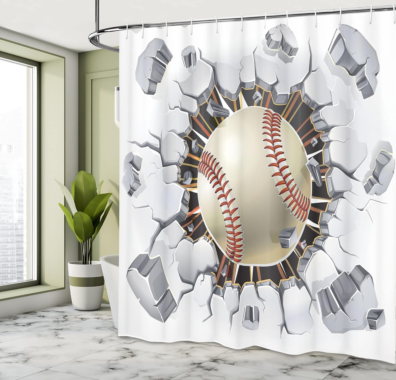 Ambesonne Sports Shower Curtain, Baseball and Old Plaster Concrete Wall Damage Illustration Competition, Cloth Fabric Bathroom Decor Set with Hooks, 69" W x 84" L, Ivory Pale Grey Orange