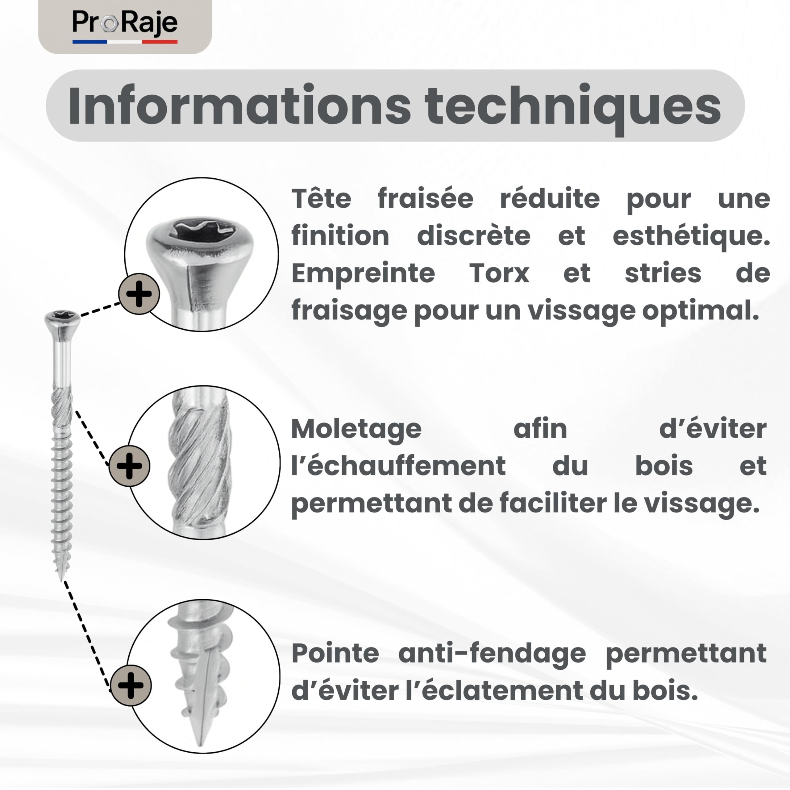 Vis de terrasse INOX A2 : 5x60 mm tête fraisée réduite TORX Ø 5 x 60mm | Vis à bois 60 mm terrasses/planches/bardages | Acier Inoxydable A2 (V2A/304) | 1 embout inclus : LOT DE 200 Pcs