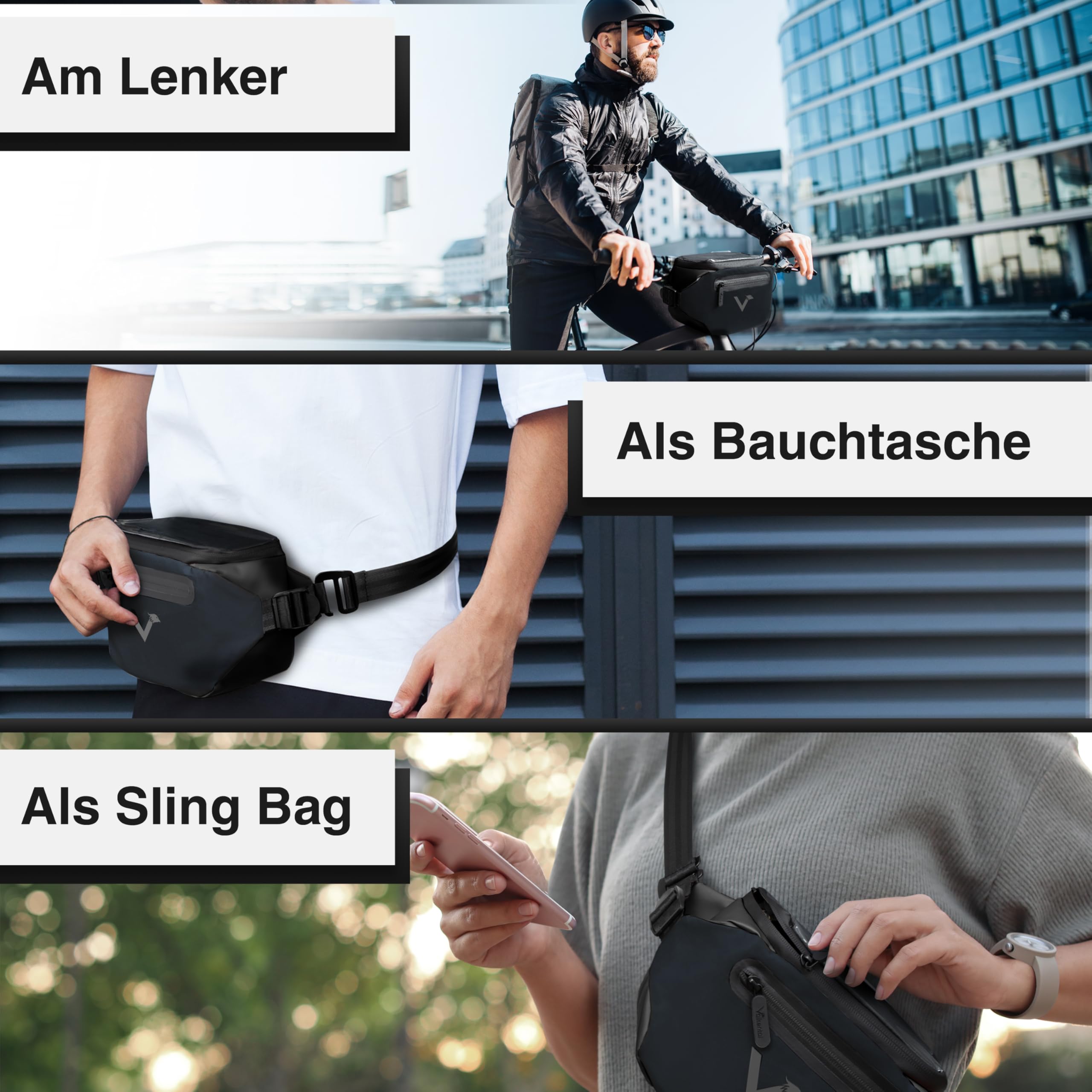 Valkental® x KLICKfix® - 3in1 Fahrradtasche Lenker | Vollreflektierend & Wasserfest - Geeignet als Lenkertasche & Bauchtasche | 4L Volumen | KLICKfix Fahrradtasche | Lenkertasche Ebike