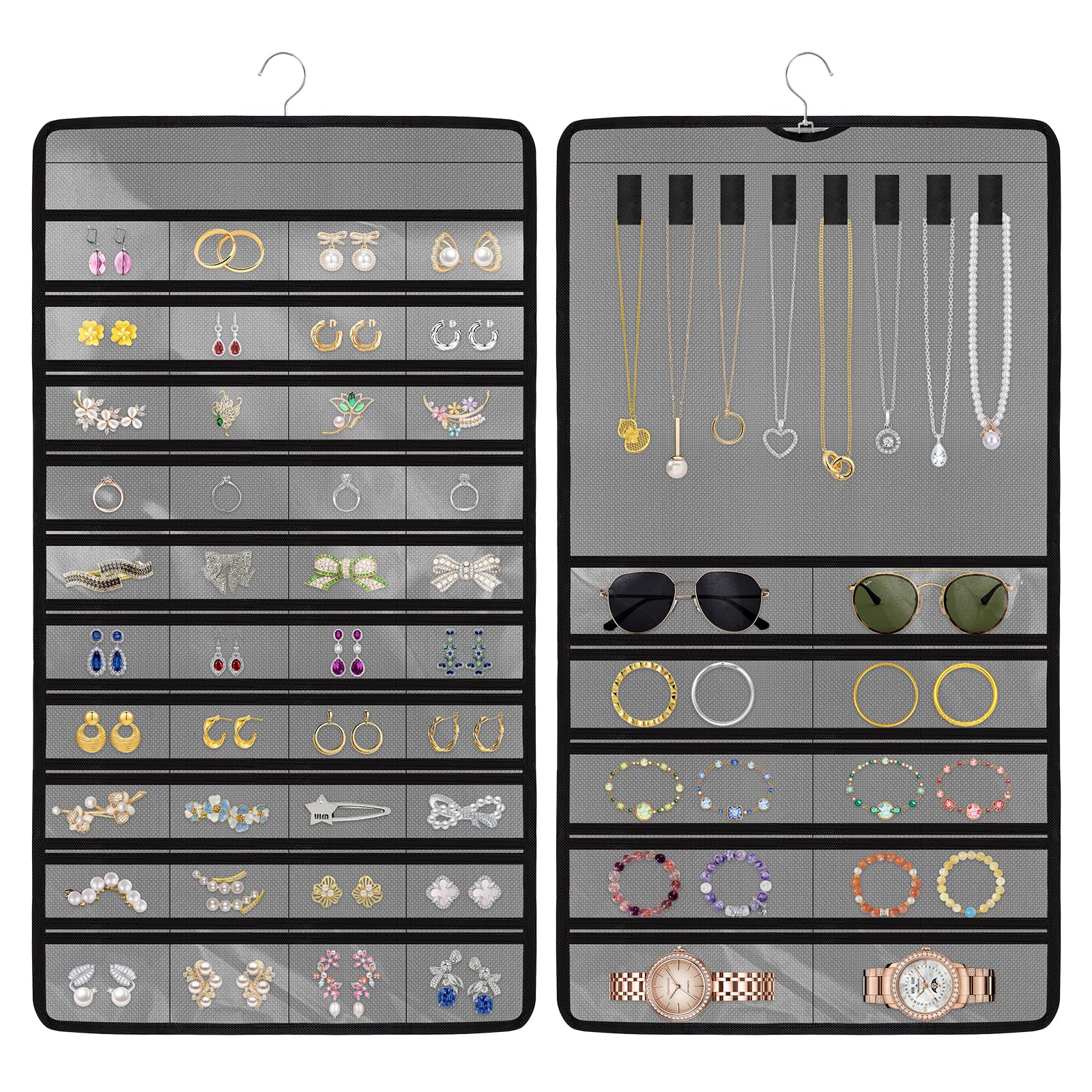 Hanging Jewelry Organizers and Storage, Double-Sided Jewelry Necklace Holder for Jewelries, Earrings, Accessories, Rings on Closet, Door, Wall (1,Gray)