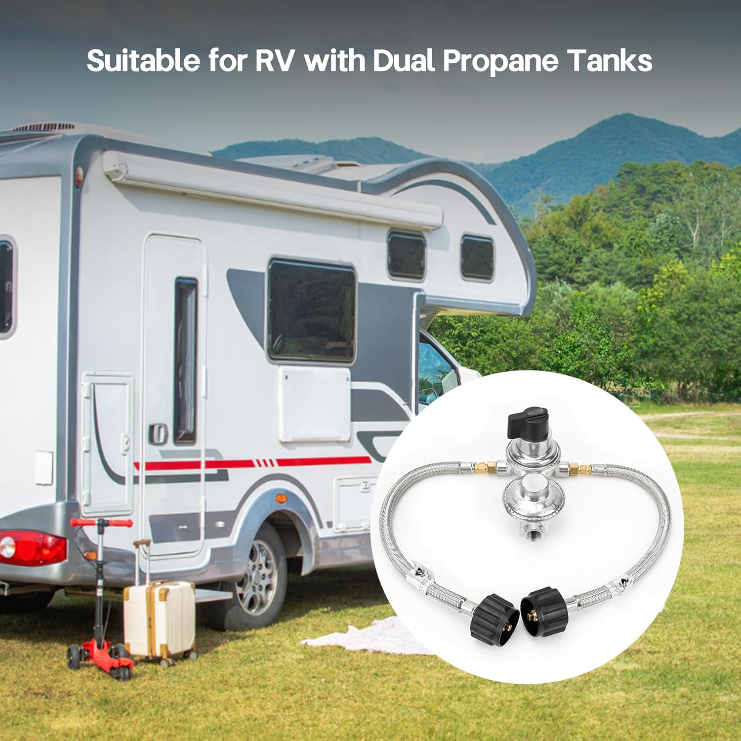 onlyfire RV Propane Regulator for Dual Tanks, 2 Stage Auto Changeover LP Propane Gas Regulator with 2PCS 18 Inch Pigtails Propane Hoses for RVs, Vans, Trailers