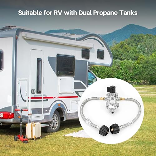Miniatura 6 de onlyfire Regulador de propano RV para tanques duales, regulador de gas propano LP de cambio automático de 2 etapas con 2 mangueras de propano de 18