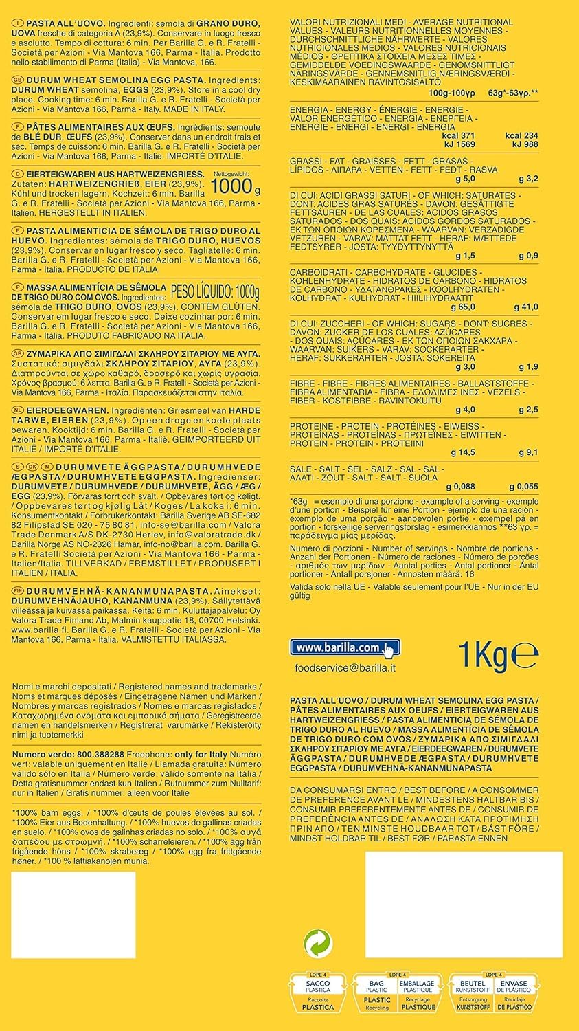 Barilla Emiliane Chef Tagliatelle all' Uovo – 6er Pack (6 x 1kg) | Qualitativ hochwertige Eierteigware, mit italienischen Wurzeln