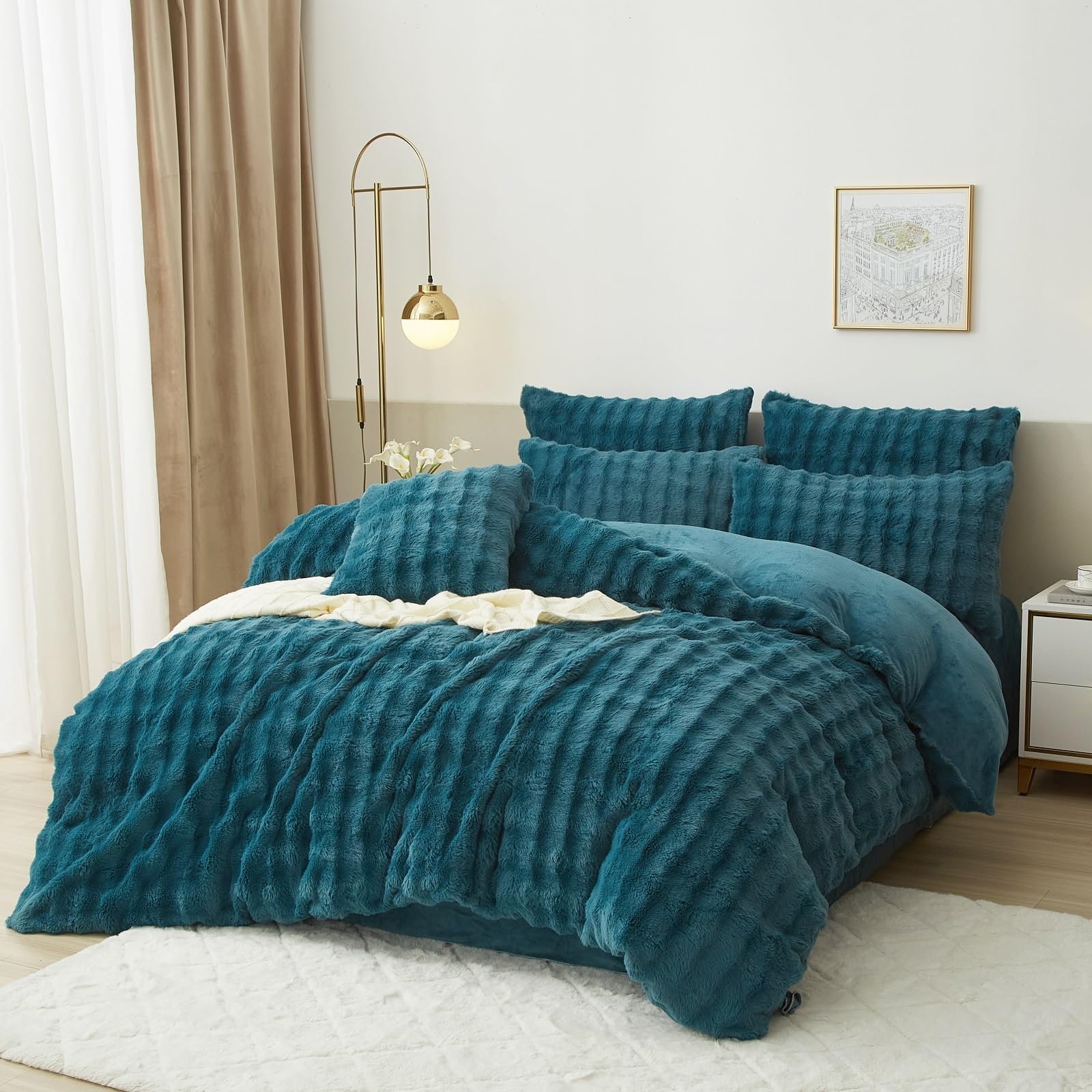 Luowei Ropa de cama de felpa de 220 x 240 cm, para invierno, color azul cálido, mullida, lujosa, reversible, funda nórdica con cremallera y 2 fundas de almohada de 80 x 80 cm