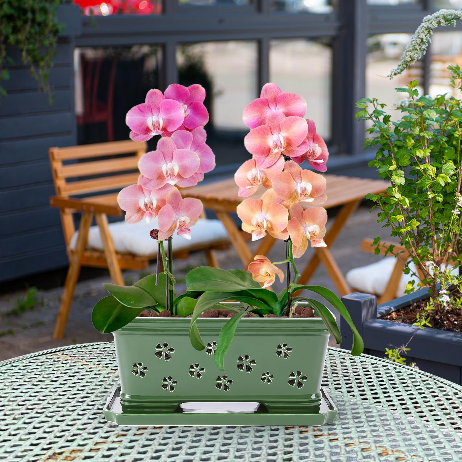 Ceramic Orchid Pot 10 * 4.3 * 4.3Inch Orchid Planter with Holes for Repotting Indoor Flower Plant Pot with Drainage and Saucer, Arctic Green