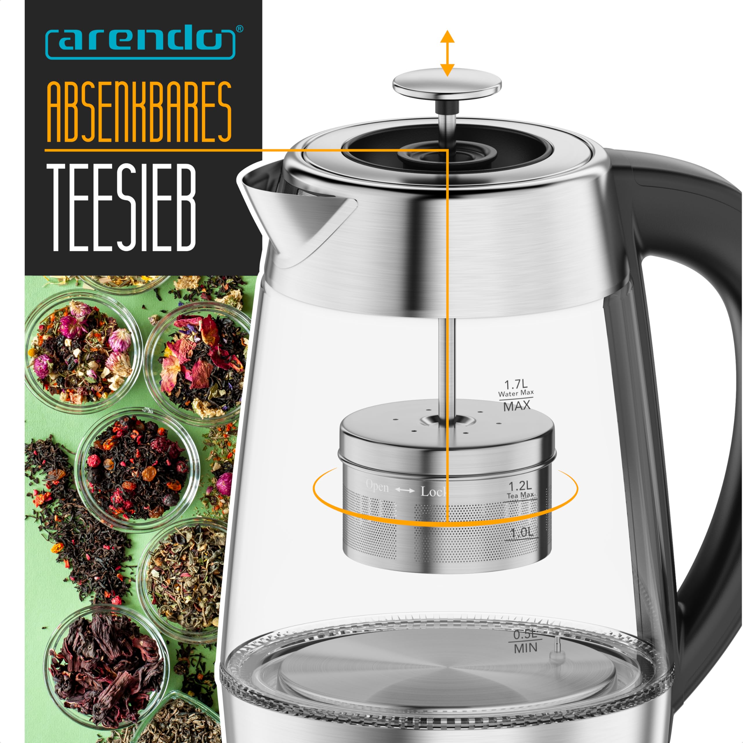 Arendo - 2in1 Glas Wasserkocher und Teekocher mit Temperatureinstellung – 1,7 Liter – Teesieb – Glas und Edelstahl – 5 Temperaturen – temperaturabhängige LED-Darstellung – Warmhalten bis zu 2 Stunden