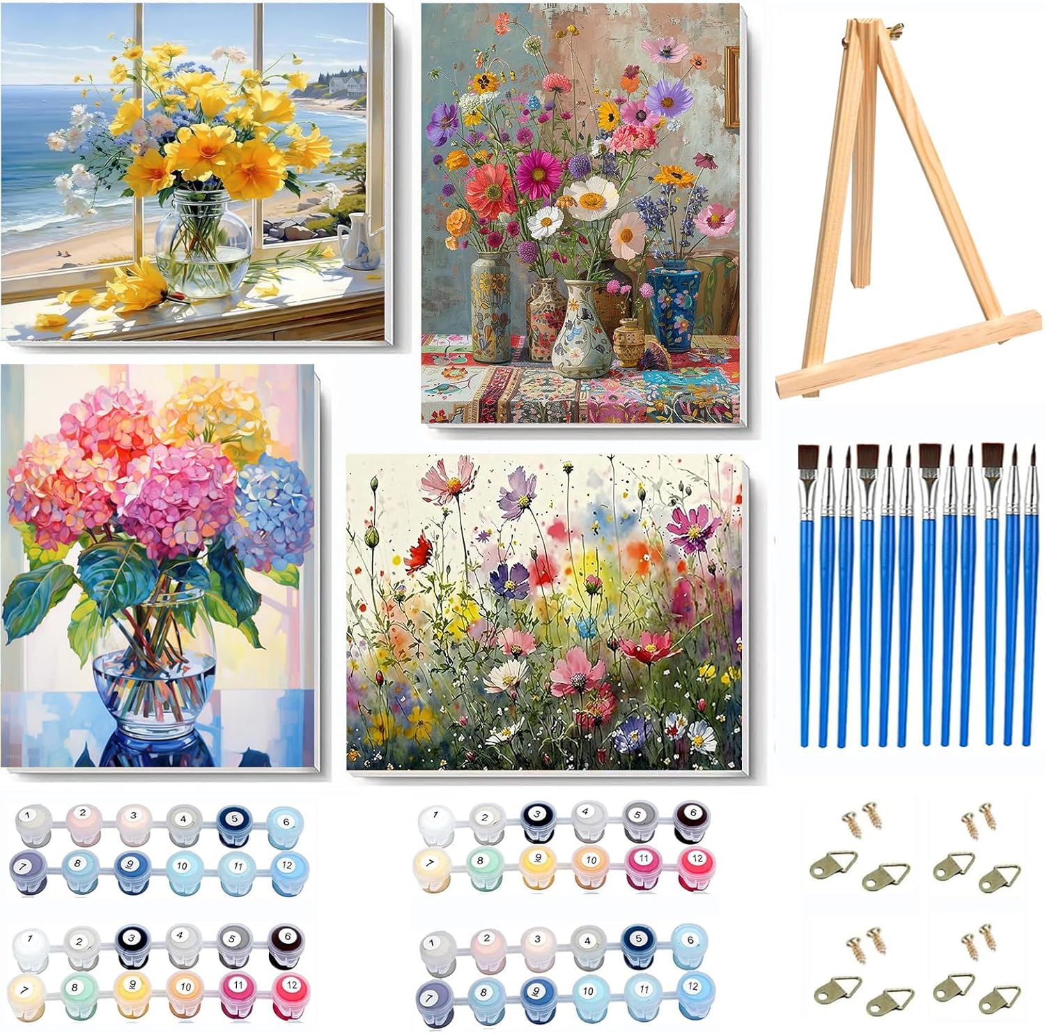 VIGEGU 4 Pack Paint by Numbers Kit for Adults with Frame,Paint by Number with Wooden Easel DIY Flower Adult Paint by Number Kits for Home Decor12x16-13.8x13.8 inch