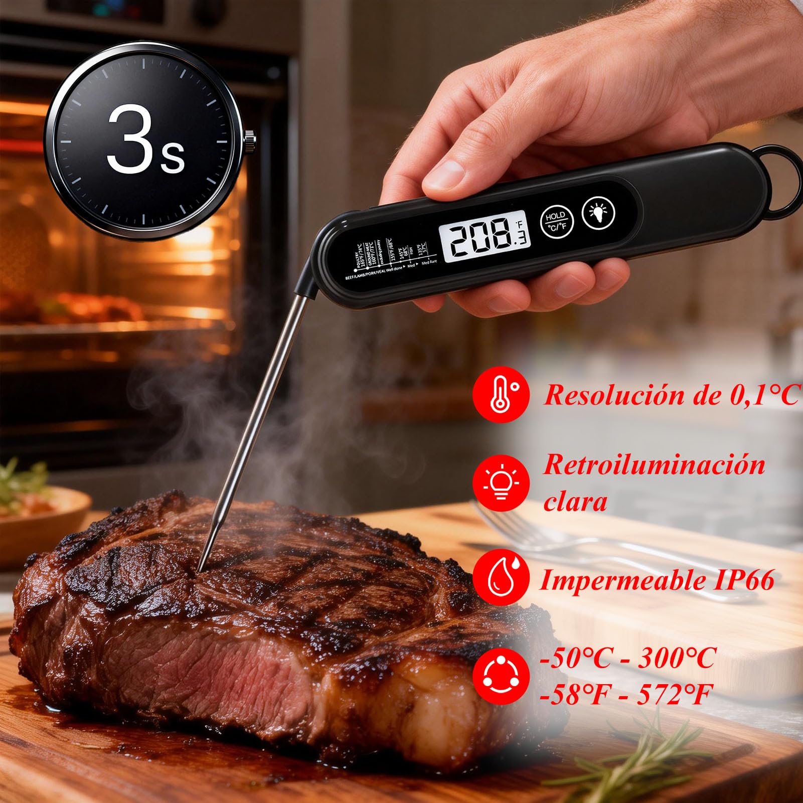 Charmline Termómetro de alta precisión para cocinar, precisión de ± 1 °C, termómetro para carne, hornear y asar, pantalla LCD de alta resolución con retroiluminación