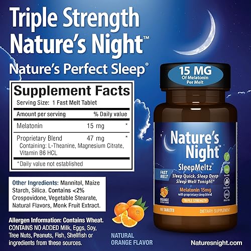 Miniatura 3 de Nature's Night Melatonina de triple fuerza de disolución rápida de 15 mg con mezcla de apoyo | Sabor a naranja natural | 90 unidades | Sin azúcar,