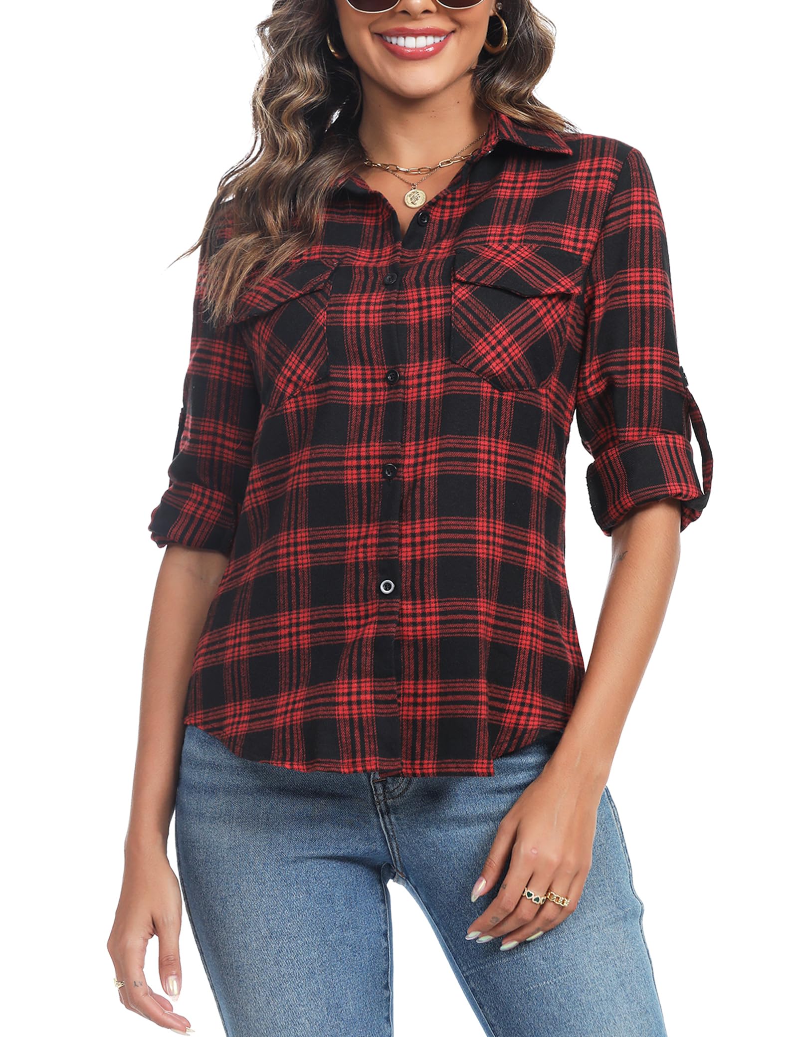 Irevial Damen Karierte Bluse Karohemd Button-down Langarm Karo Flanell Hemden Baumwolle Hemdbluse Flanellhemd für Frühling und Herbst