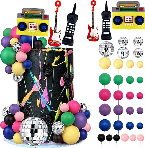 34 decoraciones retro de los años 80 y 90 para tartas de discoteca hip hop con bola colorida, radio, teléfono móvil y guitarra roja, decoración de