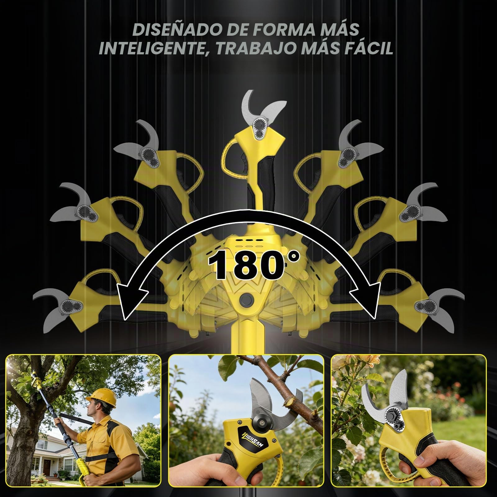 2 en 1 Tijeras de podar a batería telescópicas, compatibles Makita 18V, alcance 4m, motor sin escobillas 1500W, 2×2.0Ah, corte 42mm, rotación 180°, para jardinería y poda de árboles (yel)