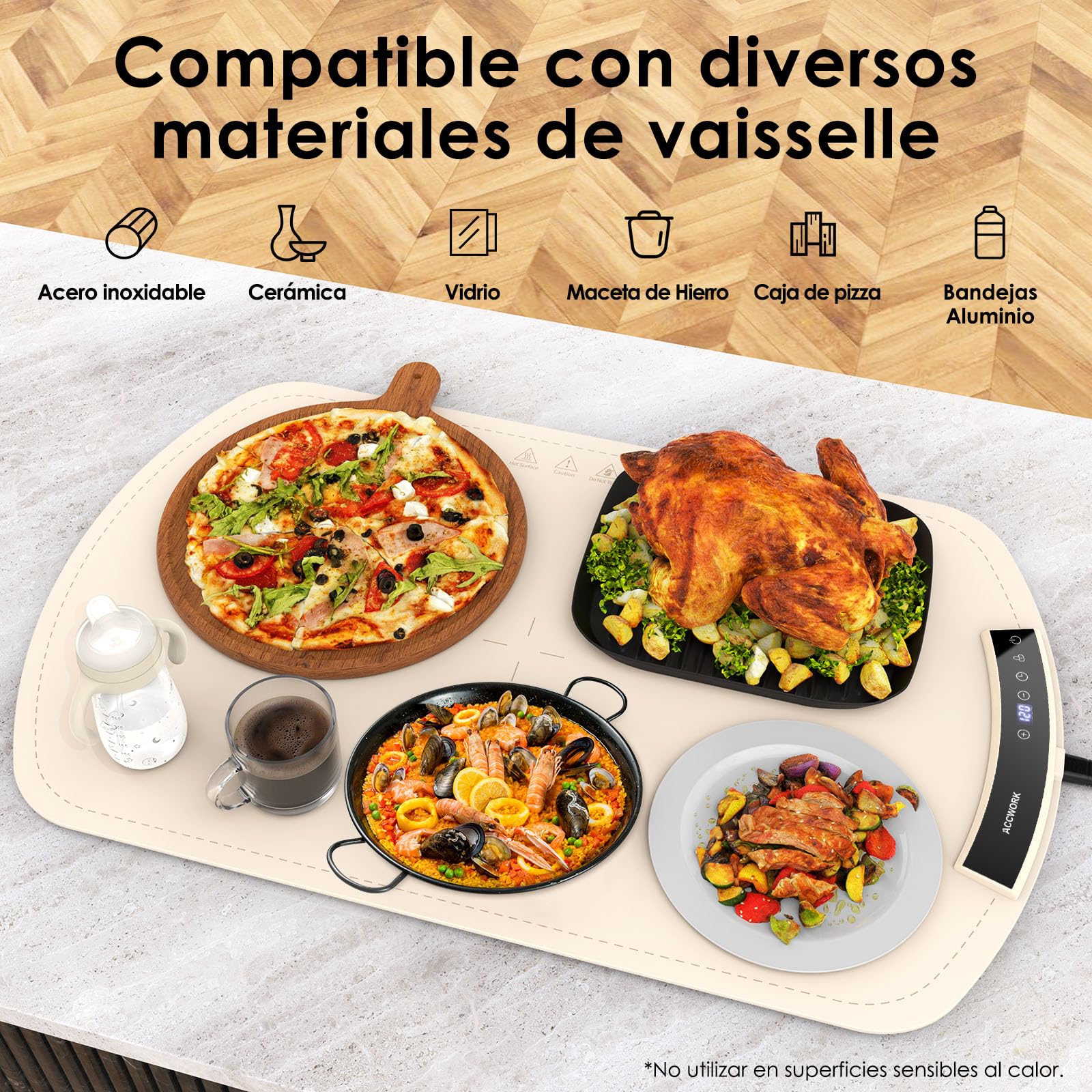 Bandeja Calentadora Eléctrica para Buffets y Fiestas, Alfombrilla Calentadora de Silicona para Alimentos con 9 Ajustes de Temperatura - Temporizador de 12 horas, Almacenamiento Enrollable