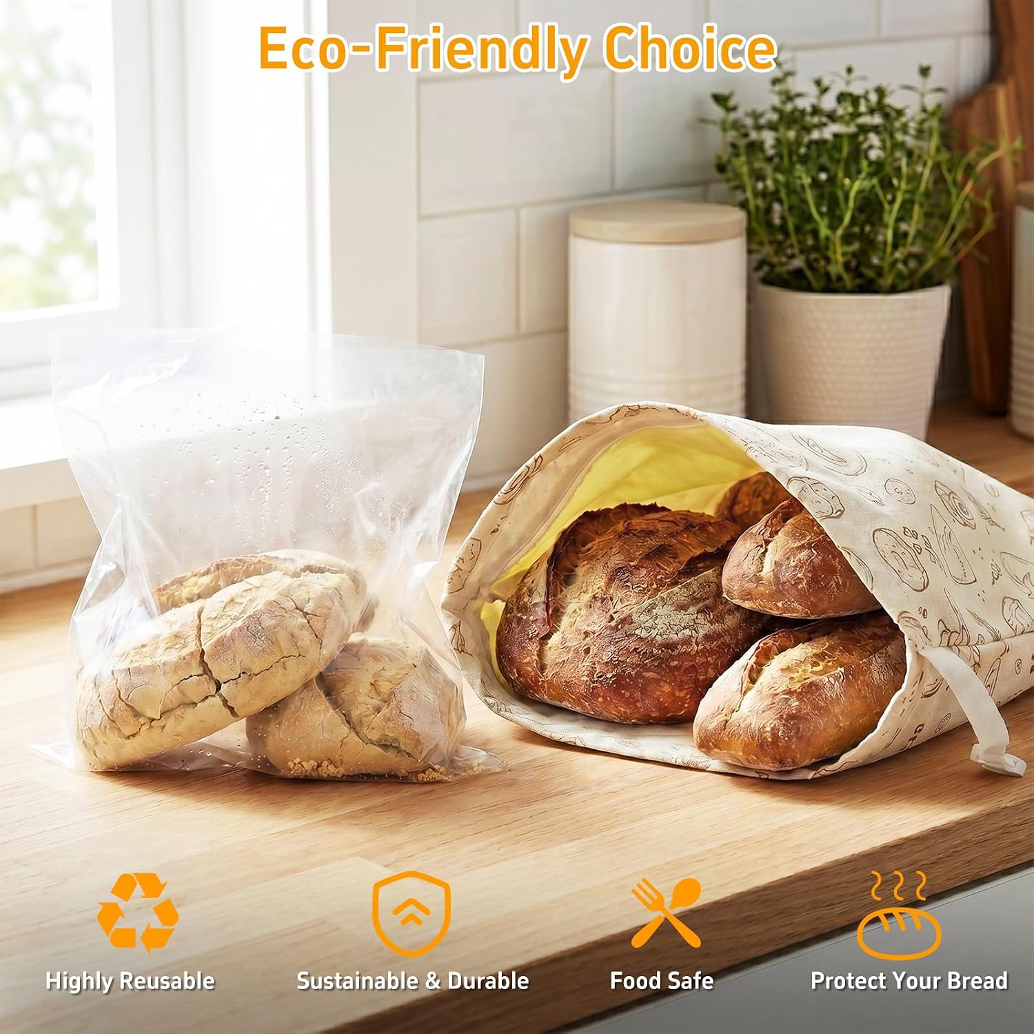 Beeswax Bread Bags for Sourdough, 2 Pack Reusable 17"x13" Cotton Storage Bag with Zipper, Freezer Safe Keep Homemade Bread Fresh