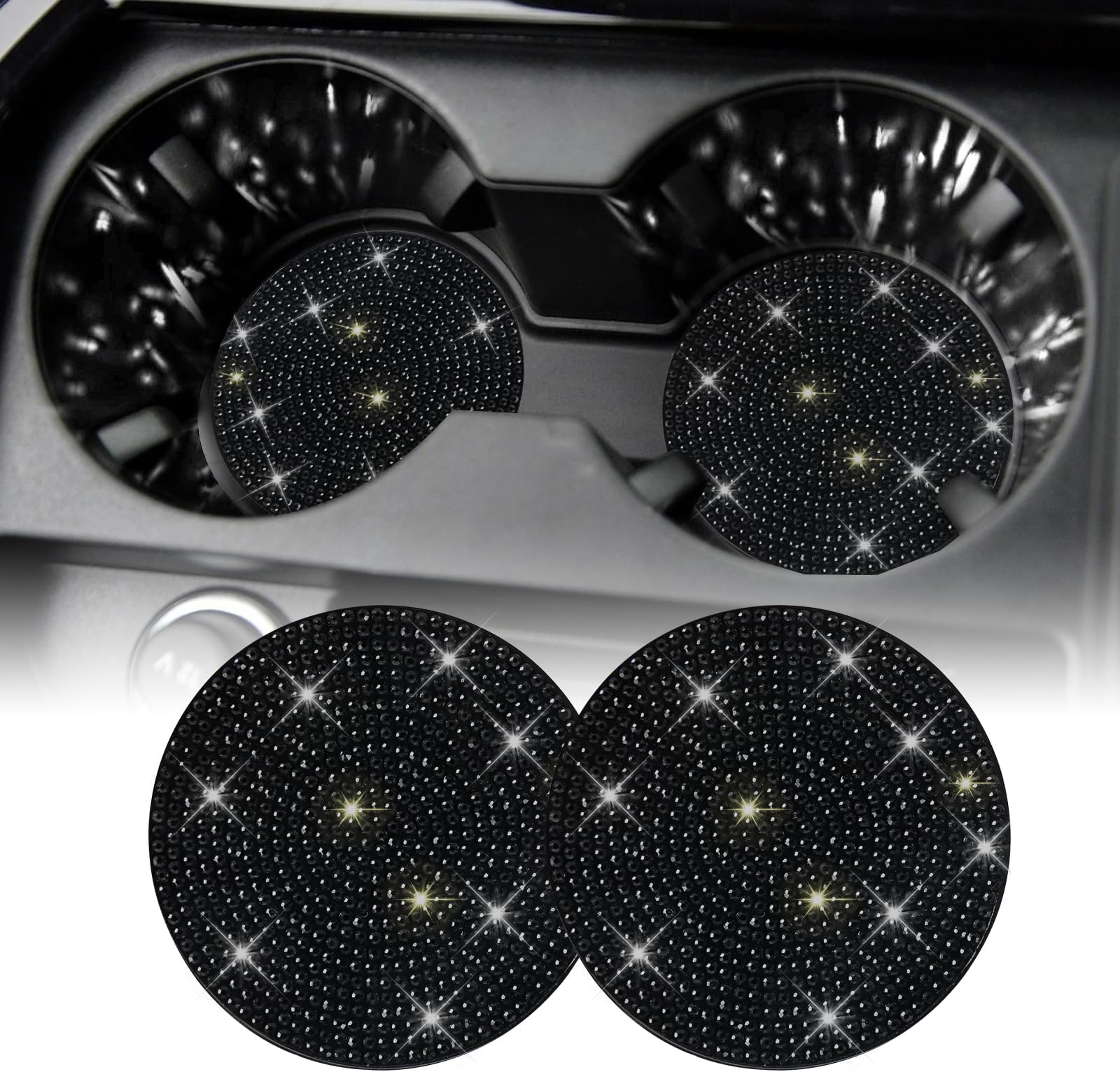 SINGARO Bling Cup Holder Coasters for Car, 2PCS Universal Non-Slip Cup Holder, Embedded Decorative Coasters, Shiny Crystal Car Interior Accessories Gifts for Women (Black)