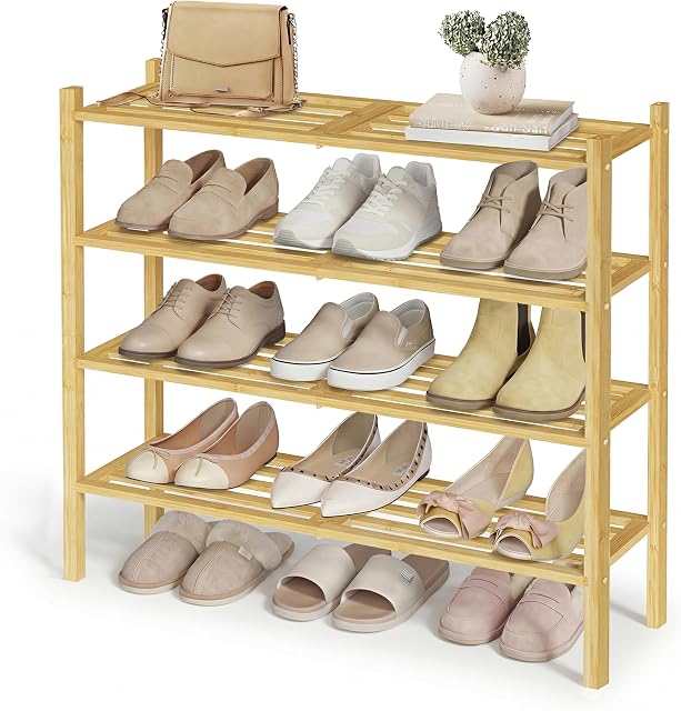 SONGMICS Sac à chaussures en bambou pour placard, Oragniseur de chaussures empilable avec structure modulaire, étagère debout libre d'espace pour la chambre d'entrée, 4-Tier, Prend 15-20 paires, couleur naturelle ULBS054YL01