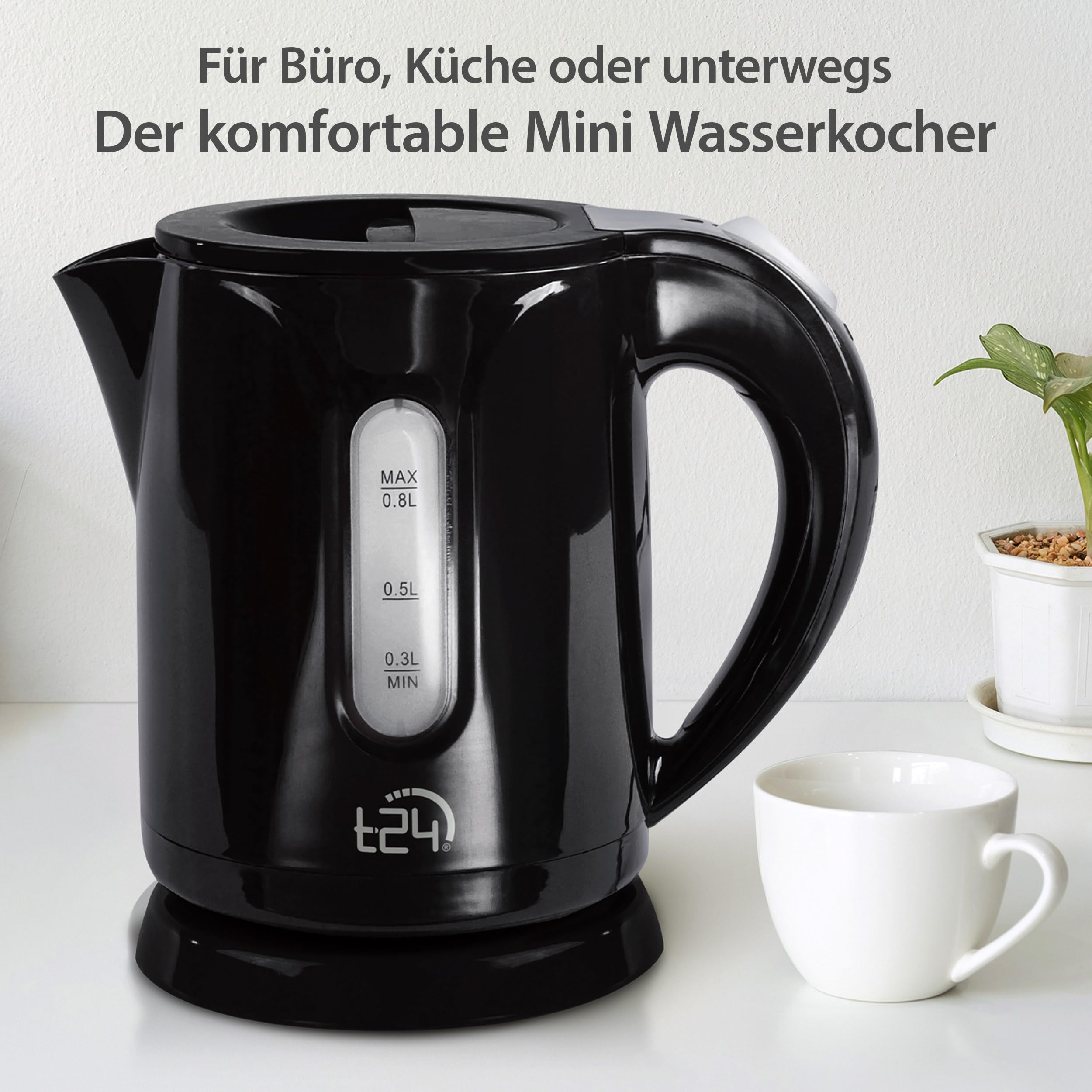 T24 Wasserkocher 0,8 Liter, kabellos, Automatischer Abschaltung Trockenlaufschutz, Leicht (650g), BPA Frei, 1100W (Black)