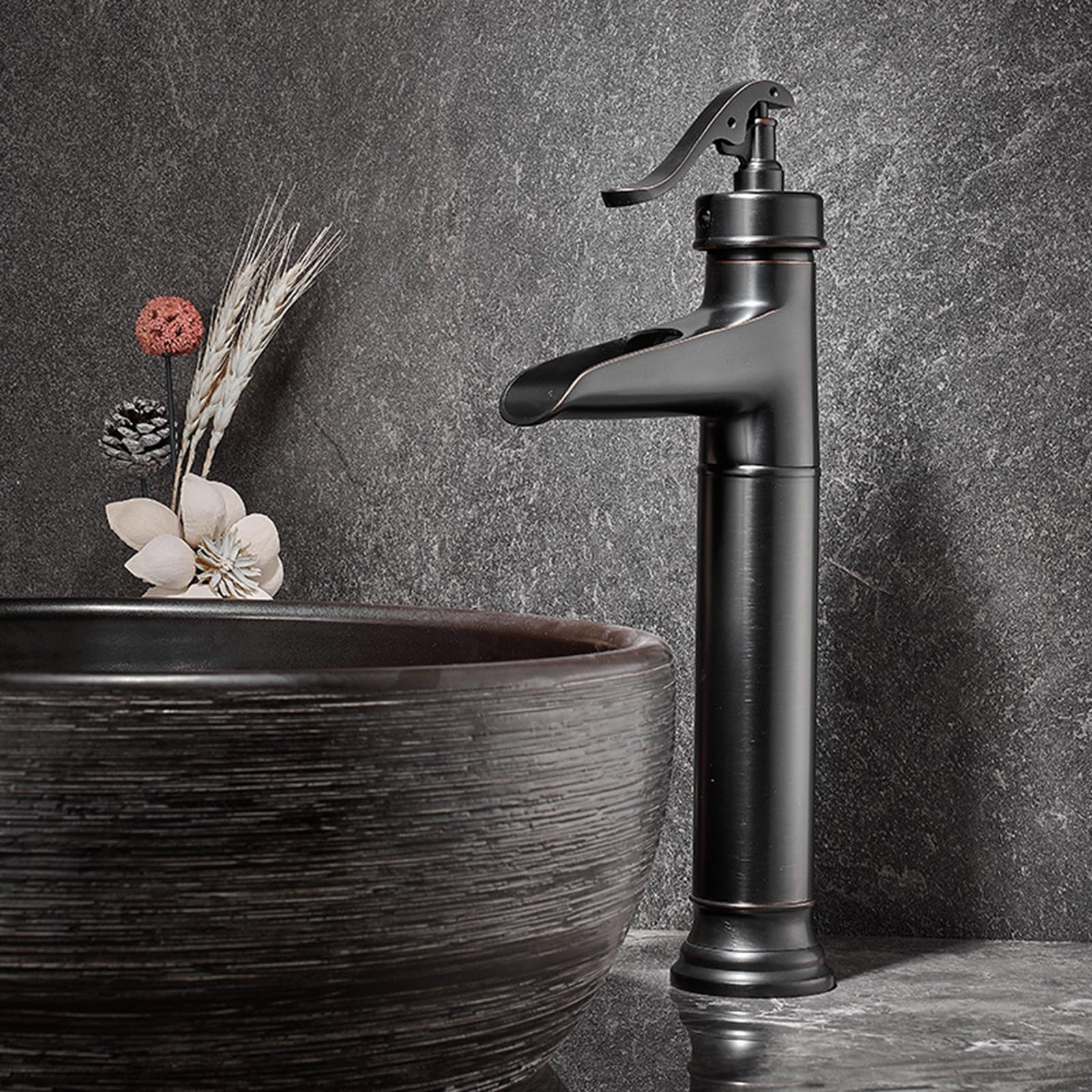 HCFYAUIS Waterfall Countertop Basin Tap Upper Opening Single Hole Retro Tap Brass Tall Mixer Taps for Bathroom Basin,Black Retro,high