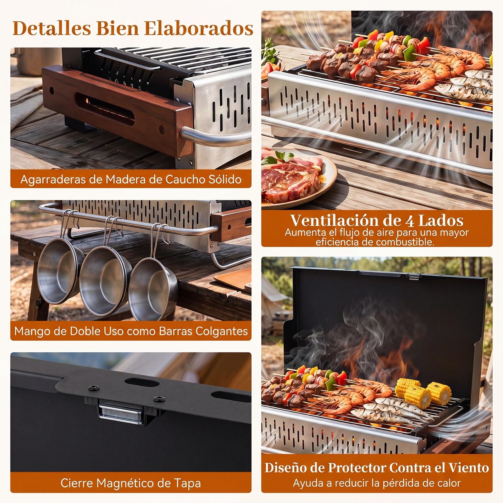 COSTWAY Mini Barbacoa Carbón Mesa Plegable, Parrilla Portátil,(62x43,5 cm) | Metal, Rejilla de Cocción Ajustable en Altura, Orificios de Ventilación, BBQ Camping Picnic Tereaza