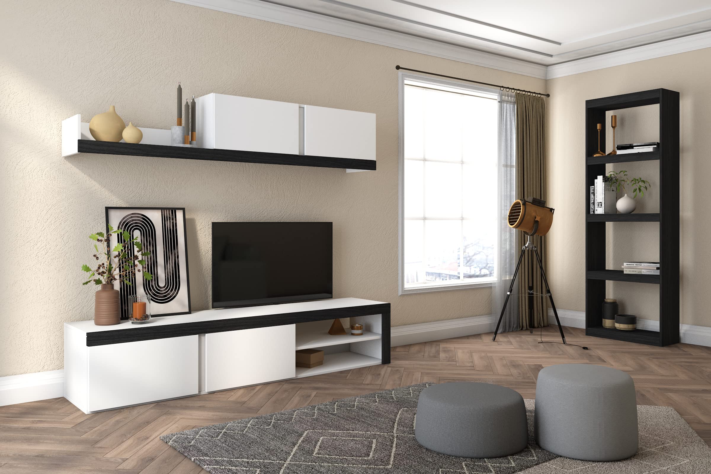 Skraut Home - Conjunto de Salón Modular IDEM y Estantería Totem- Mueble TV - Muebles de Salón Color Blanco/Negro - Biblioteca Color Negro - 200x40x180cm / 60x25x181cm