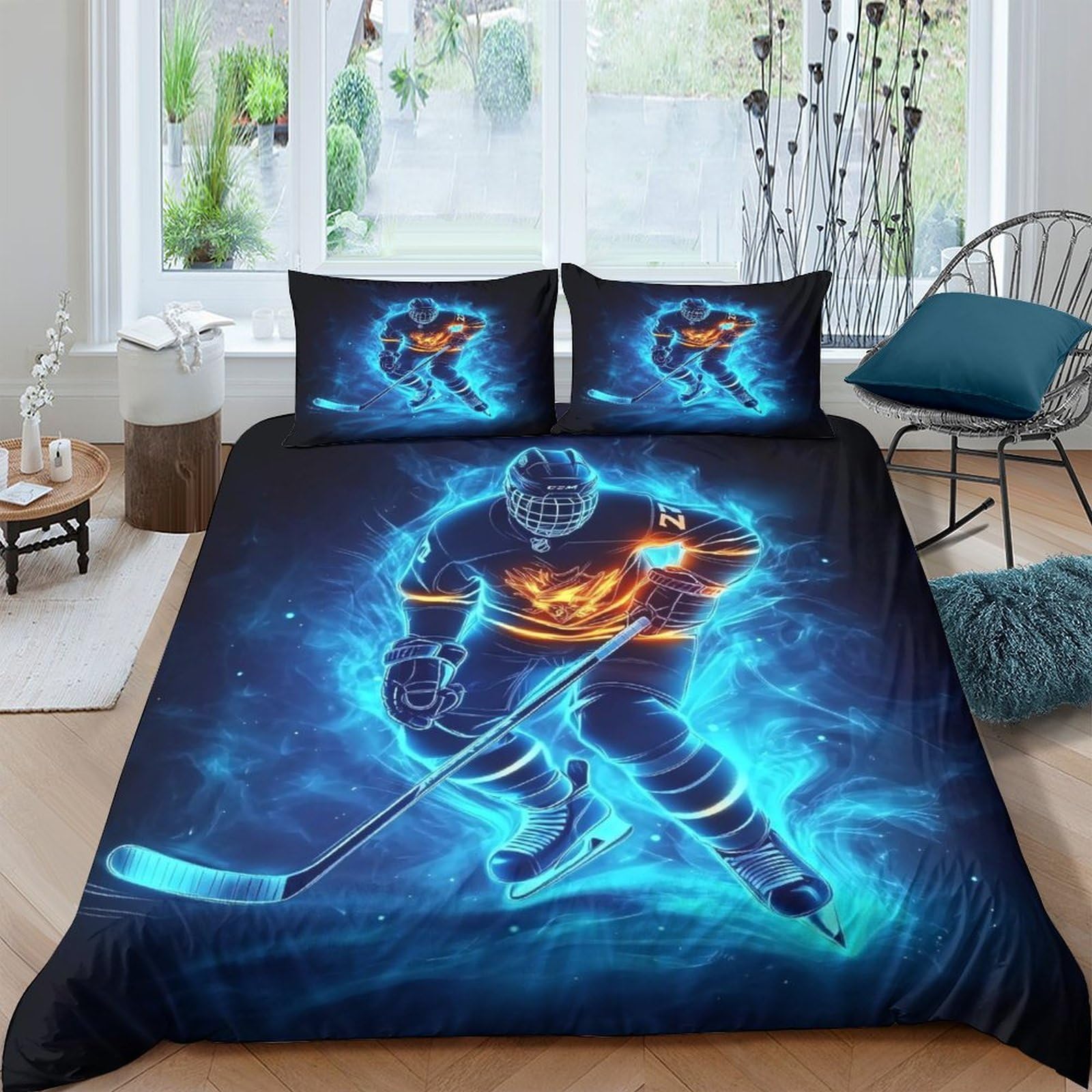 Ctjqhvkz Style-5 3D Printed Ice Hockey Blue Flame Fitted Sheet Microfiber Soft Anti-Slip Bed Sheet For Bedroom Dorm Guest Room Single（135X200cm）