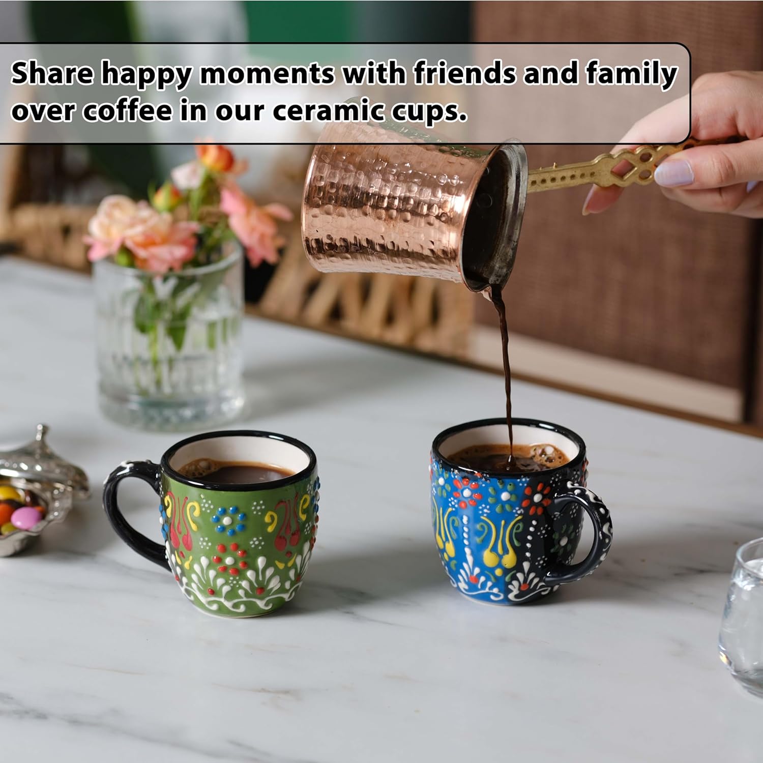 Espresso Cups Set of 2 | 4 oz Small Espresso Cups | Turkish Tea Cups | Demitasse Mugs with Handle | Modern Stackable Ceramic Espresso Mugs Set (Green/Blue) - Image 2