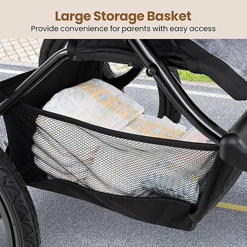 Miniatura 8 de BABY JOY Cochecito para correr, cochecito plegable con toldo y respaldo ajustables, neumáticos llenos de aire, bandeja para niños y padres,