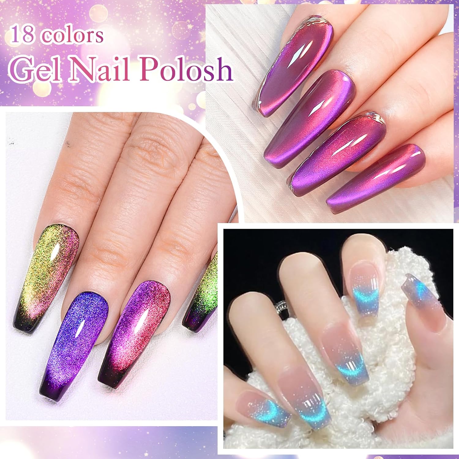 Cat Eye Gel Nail Polish Set, 18 Colors Magnetic Gel Polish Kit 9D Reflective Neon Light Strip Cateyes Nail Polish Chameleon Galaxy Glitter Effect Salon Gel Manicure Nail Art DIY at Home