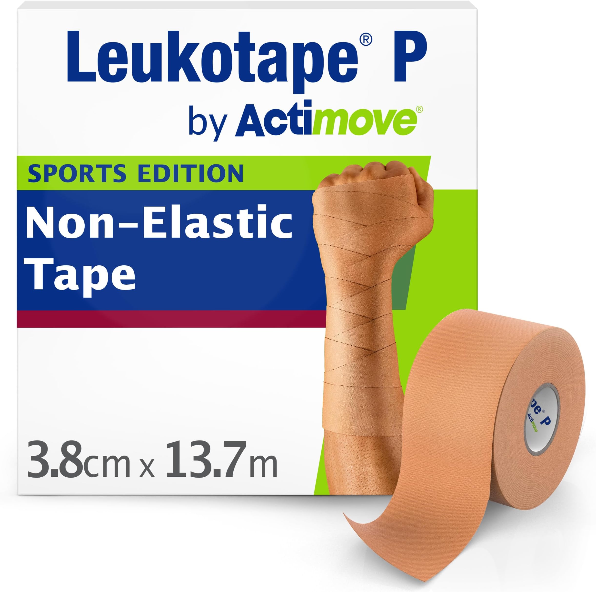 Leukotape P by Actimove Sports Edition Rigid Medical Tape for Sprains and Injury Prevention, 3.8 cm x 13.7 m, Beige, 1 Roll