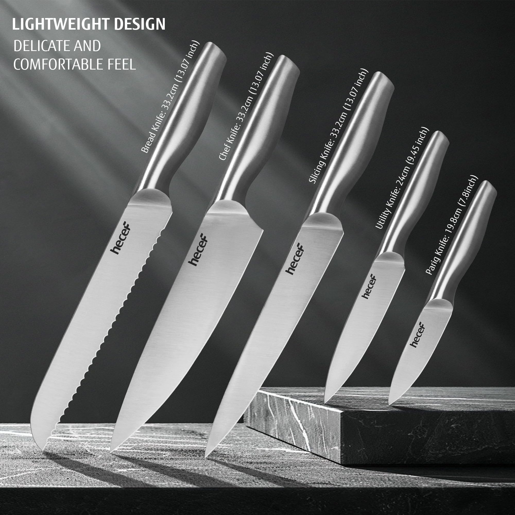hecef Set Coltelli da Cucina con Ceppo In Legno, 6 Pezzi Coltello da Cucina da Acciaio Inox, Ceppo Coltelli con Mensola per Tagliere, Nero