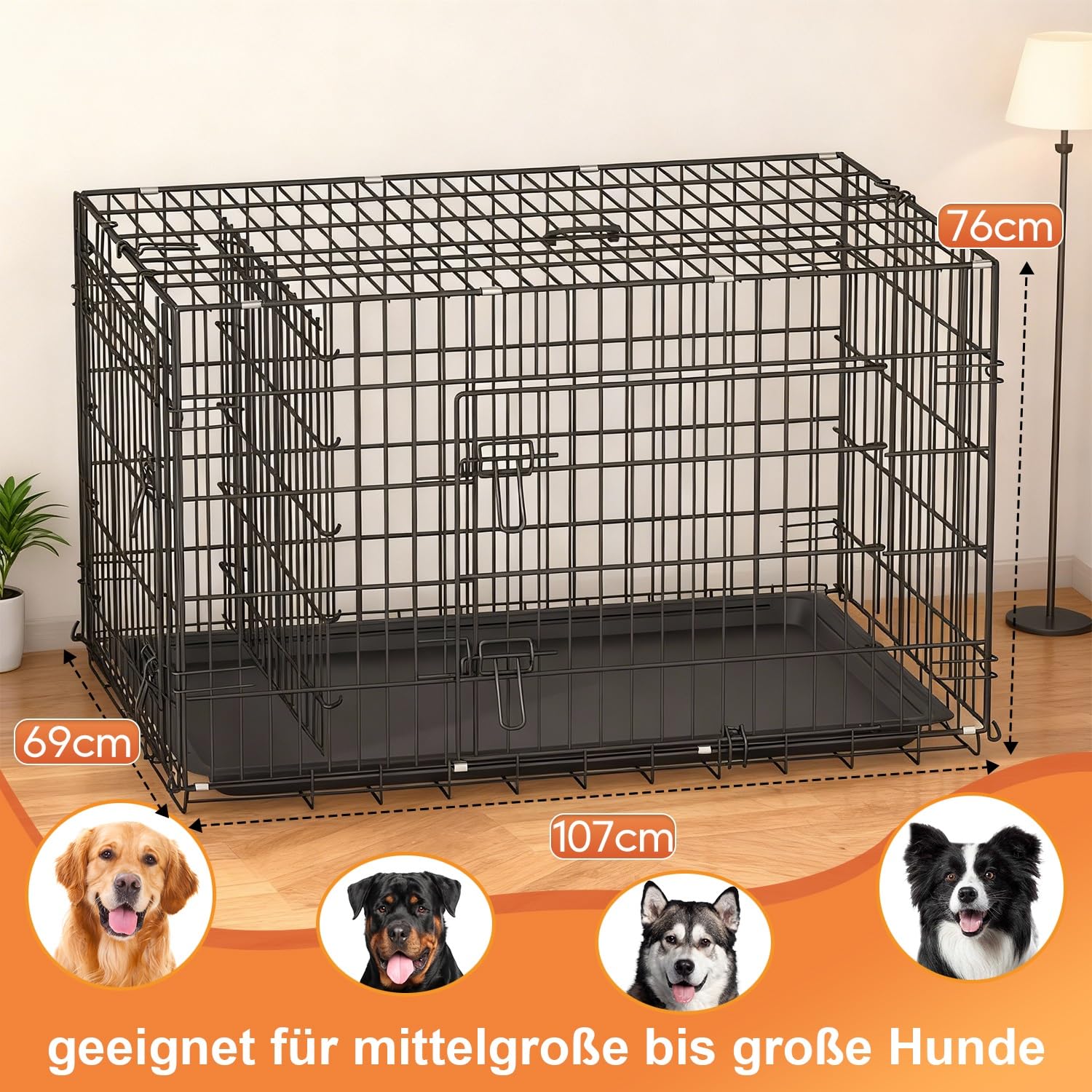 BestOffice Hundekäfig, klappbar, mit 2 Türen, ausziehbar Kunststofftablett und Griff, Hundetransportbox für Reisen, 107x69x76cm, XL, Transportbox- Haustiere, Innen und Außenbereich, Schwarz