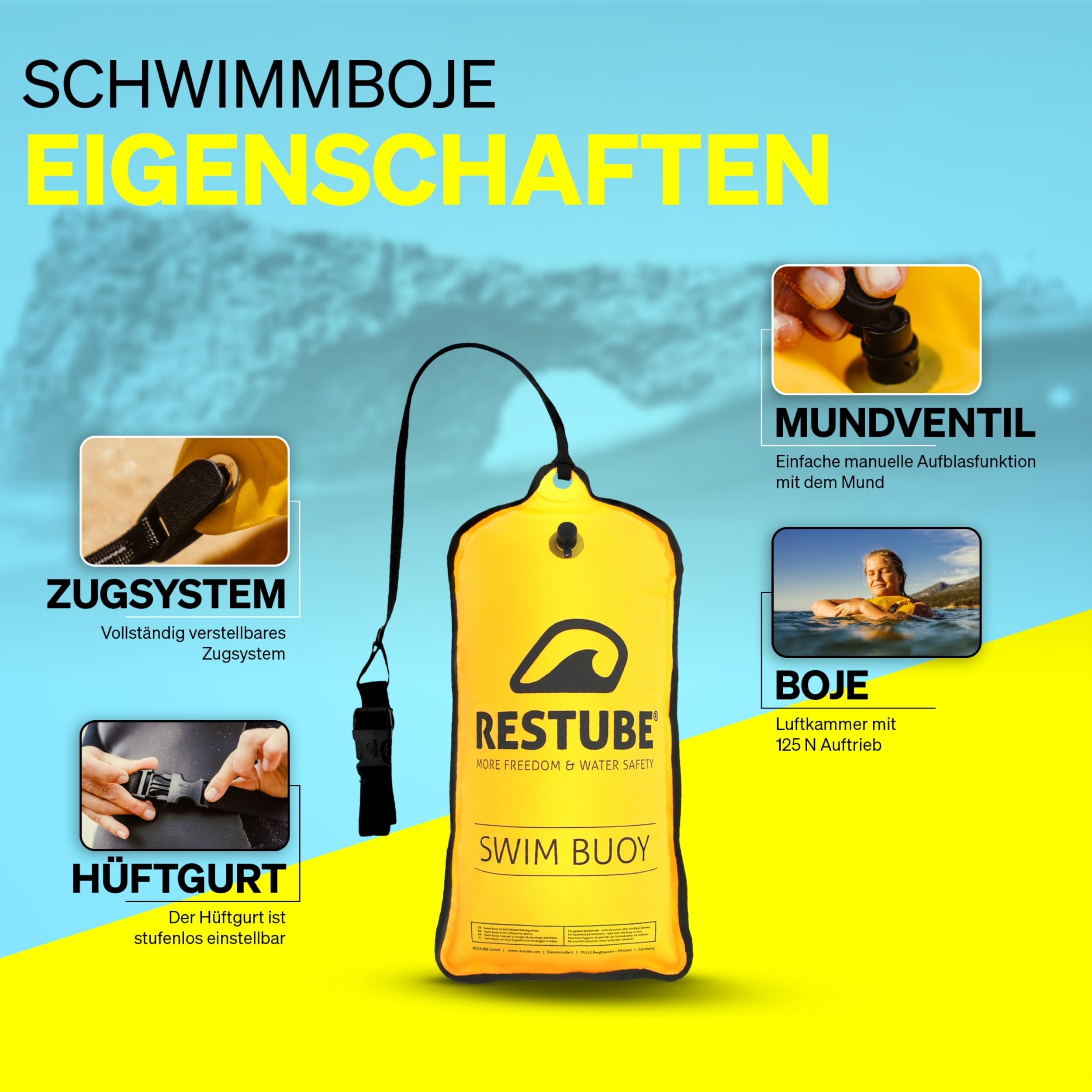 Restube Schwimmboje - Aufblasbare Schwimmhilfe für Schwimmen, Schnorcheln, Triathlon, SUP, Freiwasserschwimmen und Wildschwimmen - Kompakte gut sichtbare Boje Swimming Buoy für Kinder und Erwachsene