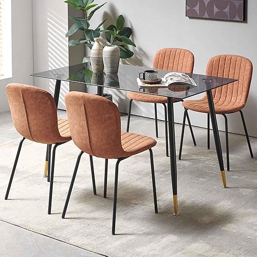 Miniatura 6 de Juego de 4 sillas de comedor, asiento tapizado de piel sintética con patas de metal negro, silla de cocina moderna y cómoda, respaldo curvado, silla