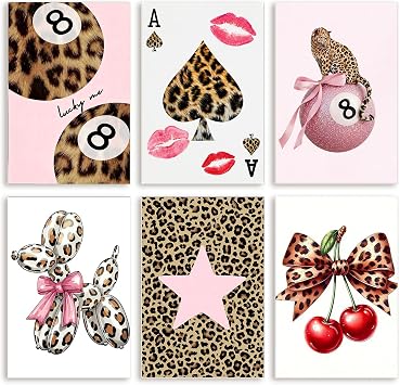 6Pcs Leopard Print Posters for Bedroom, Cheetah Room Decor with Cherry Bow 8-Ball, Unframed Canvas Prints for Wall, Retro Aesthetic Room Decor for Girls, Wild Wall Art for Living Room, Bar & Cafe