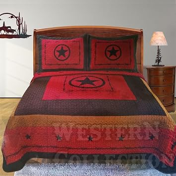 Western Peak 3 Piece Western Texas Lone Star Cabin Lodge Barbed Wire Luxury Quilt Bedspread Coverlet Comforter Maroon Brown Set King