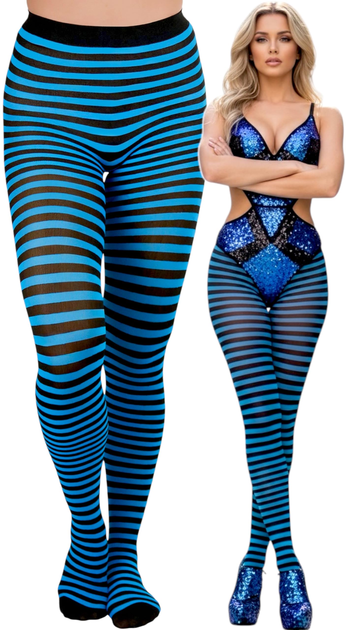 ToBeInStyle Women's Thin Horizontal Stripe Opaque Tights Pantyhose - Regular or Plus