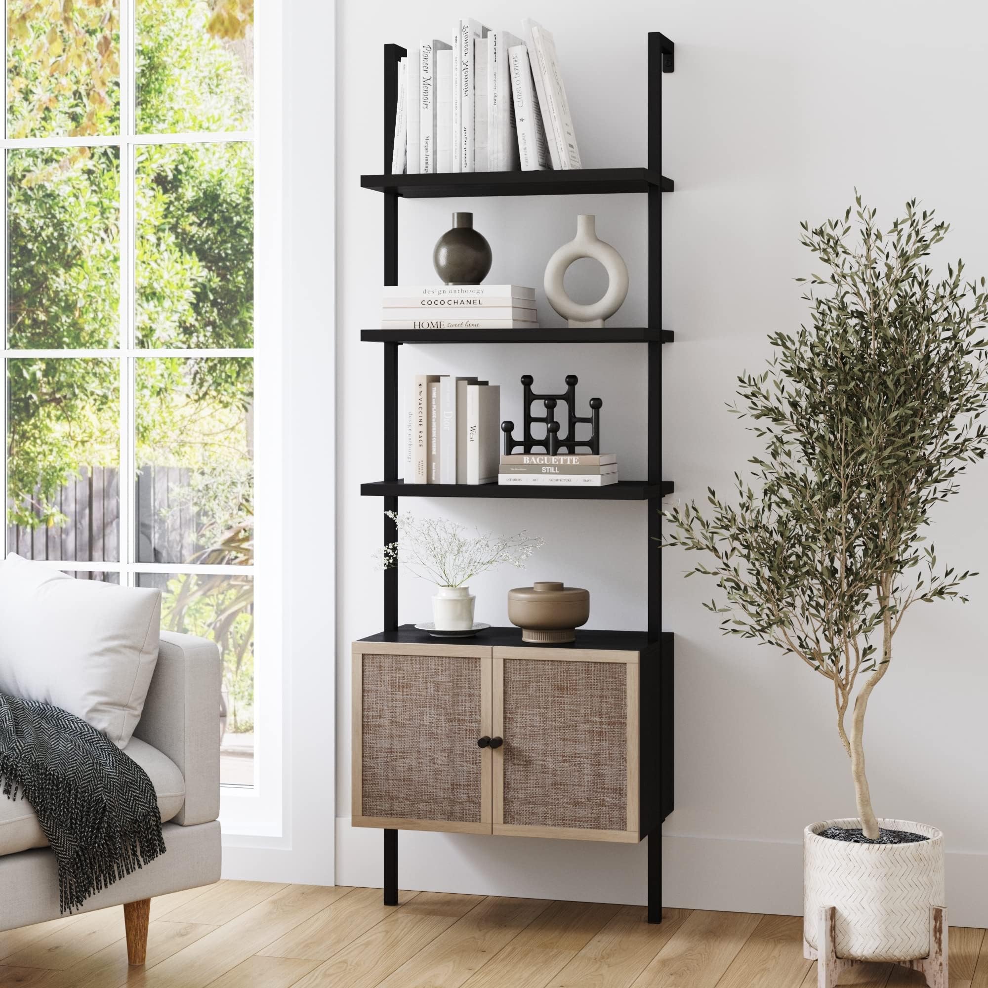 Theo Modern Bookcase with Rattan Cabinet in Matte Black and Light Oak Finish with Matte Black Metal Frame for Living Room, Home Office Storage